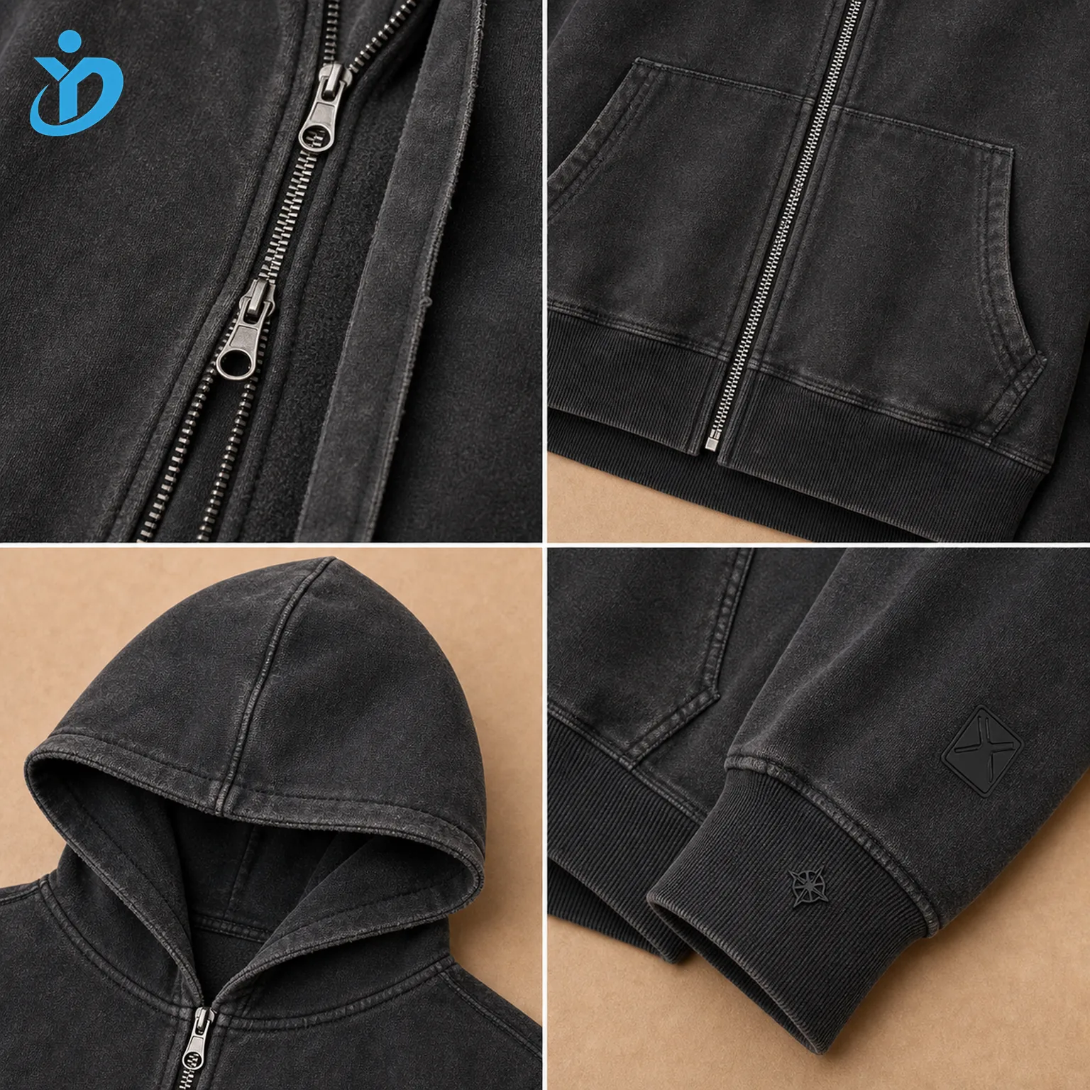 Upper body detail grid for custom mens full-zip hoodies showing YKK metal two-way zipper zipper guard split kangaroo pocket three-piece hood rubber patch silicone patch rib cuff and Dongguan Yidi Clothing Co Ltd transparent logo