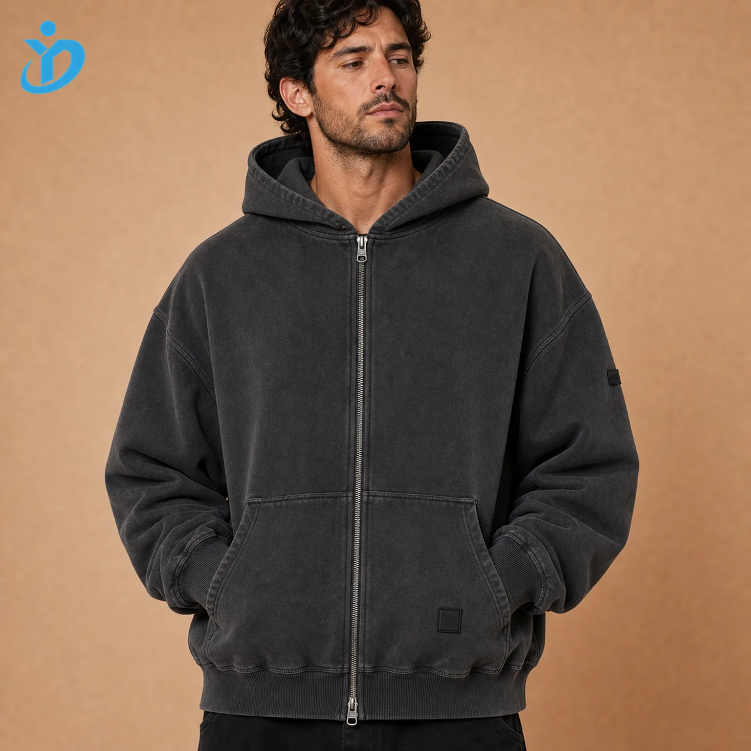 Upper body front view of custom mens full-zip hoodies in washed charcoal grey with relaxed fit YKK metal two-way zipper split kangaroo pocket three-piece hood rubber patch silicone patch and Dongguan Yidi Clothing Co Ltd transparent logo