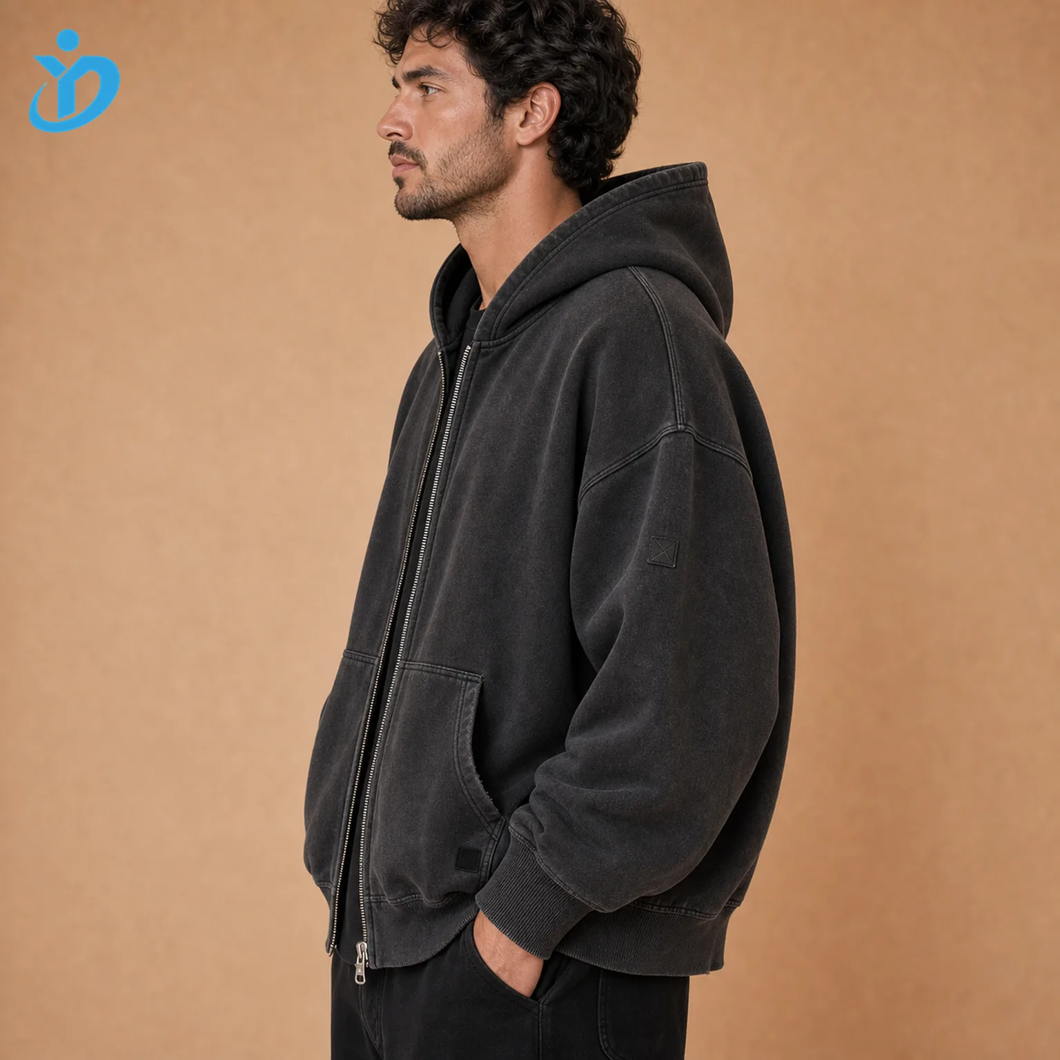 Upper body side view of custom mens full-zip hoodies showing relaxed fit three-piece hood metal zipper zipper guard split pocket sleeve silicone patch and Dongguan Yidi Clothing Co Ltd transparent logo