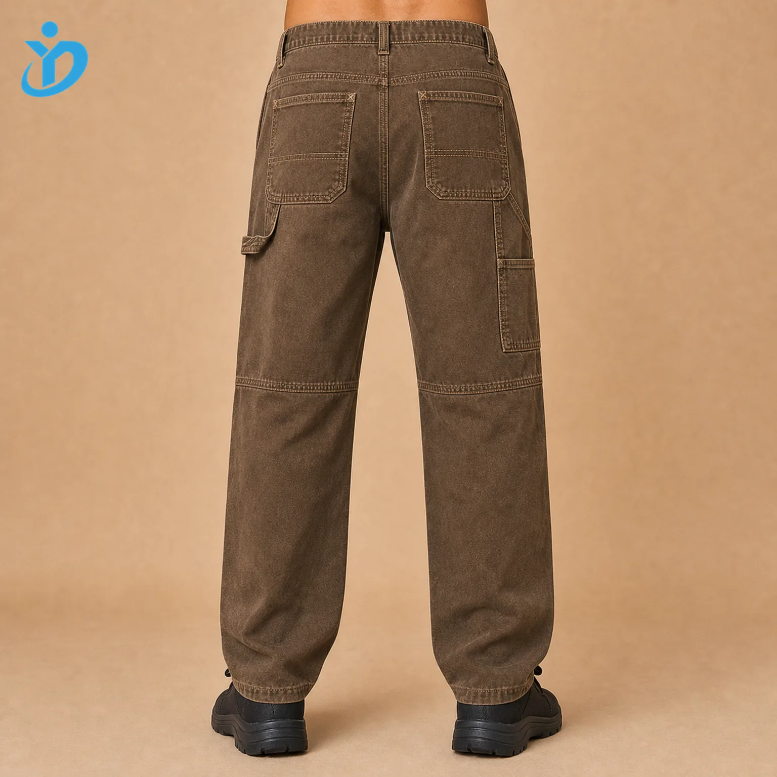 Lower body back view of custom mens garment dyed carpenter pants showing back patch pockets hammer loop utility pocket edge double knee seams vintage wash and Dongguan Yidi Clothing Co Ltd transparent logo