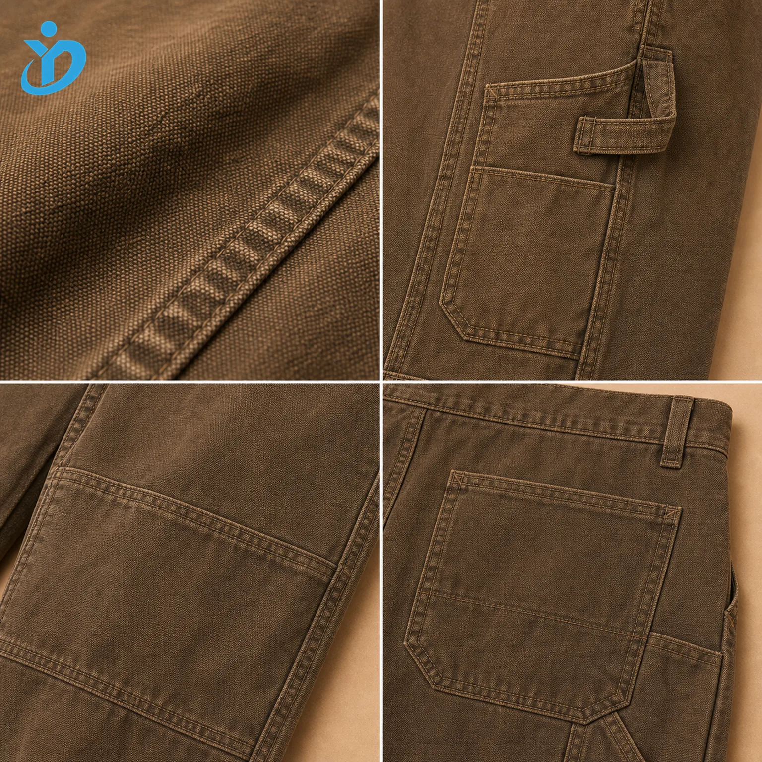 Detail grid for custom mens garment dyed carpenter pants showing heavy canvas texture hammer loop utility pocket double knee reinforced panel vintage wash bartack stitching and Dongguan Yidi Clothing Co Ltd transparent logo