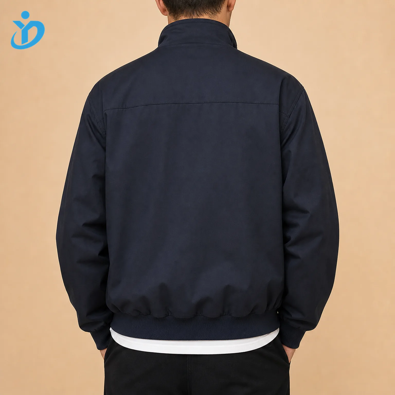Upper body back view of custom mens dark navy Harrington jacket with cotton polyester twill shell clean back yoke ribbed cuffs ribbed hem water resistant finish and Dongguan Yidi Clothing Co Ltd transparent logo