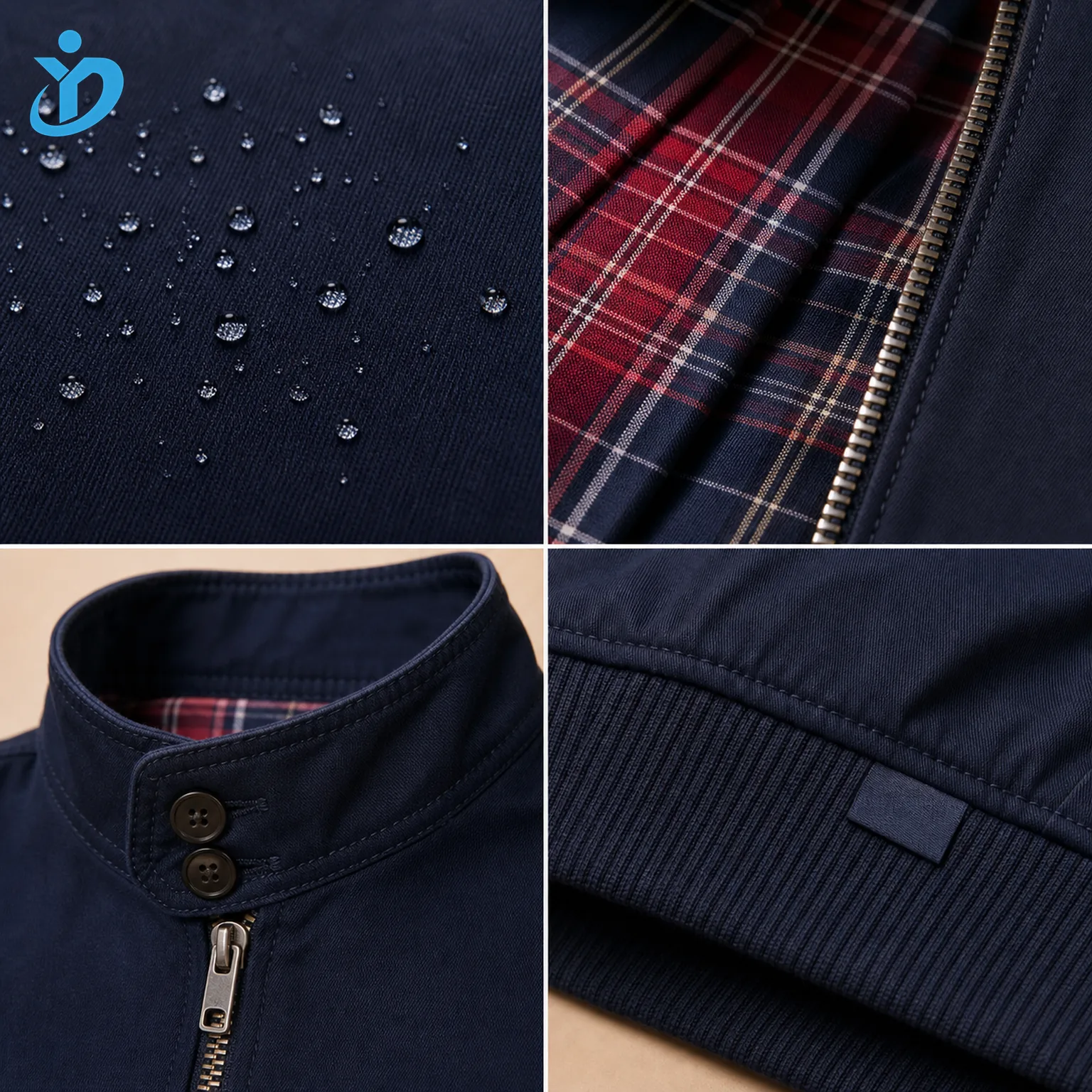 Detail grid for custom mens Harrington jacket showing cotton twill water repellent droplets plaid lining YKK zipper stand collar button tab ribbed hem woven label and Dongguan Yidi Clothing Co Ltd transparent logo