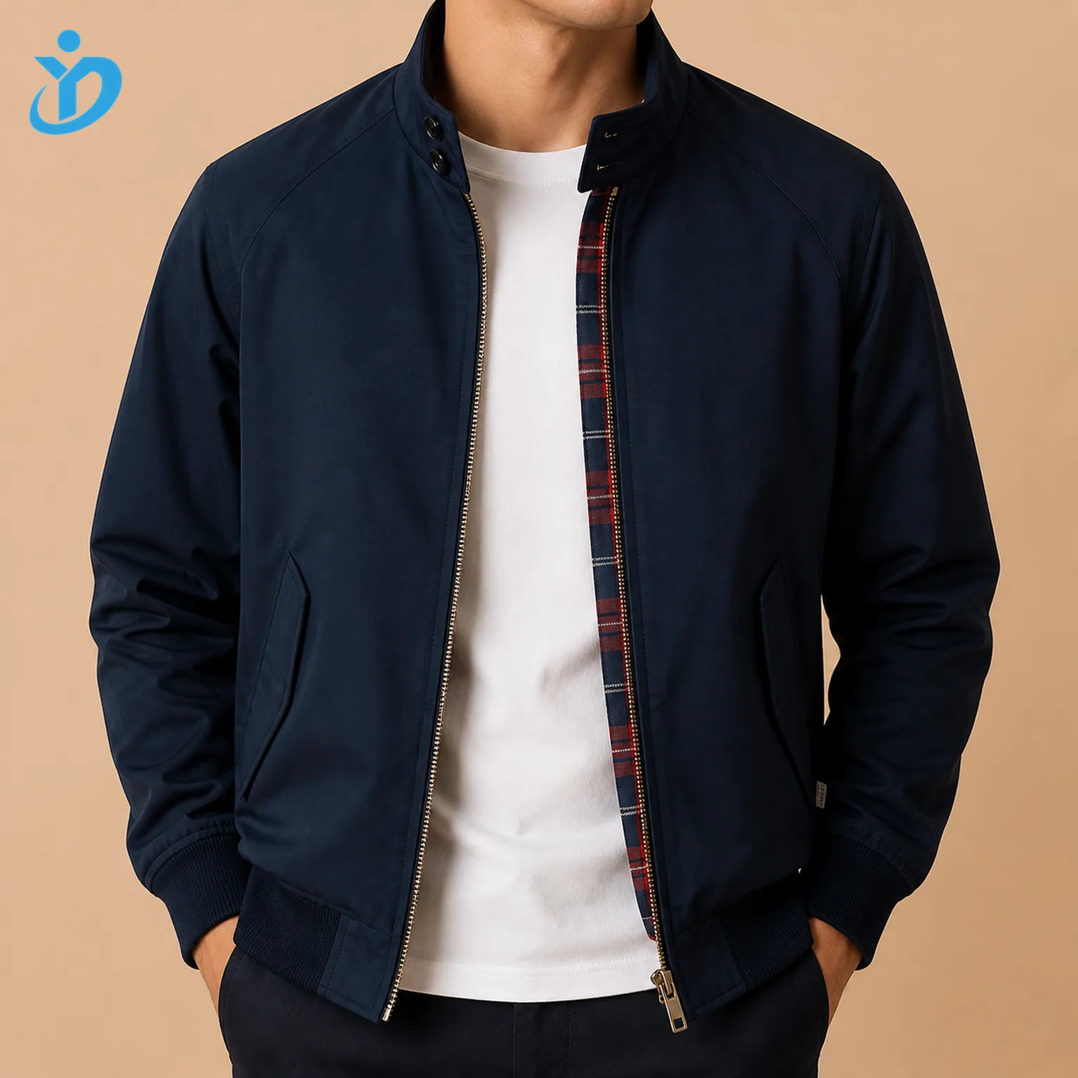 Upper body front view of custom mens dark navy Harrington jacket with cotton twill cotton polyester shell water resistant finish plaid lining YKK zipper woven label rib trims and Dongguan Yidi Clothing Co Ltd transparent logo
