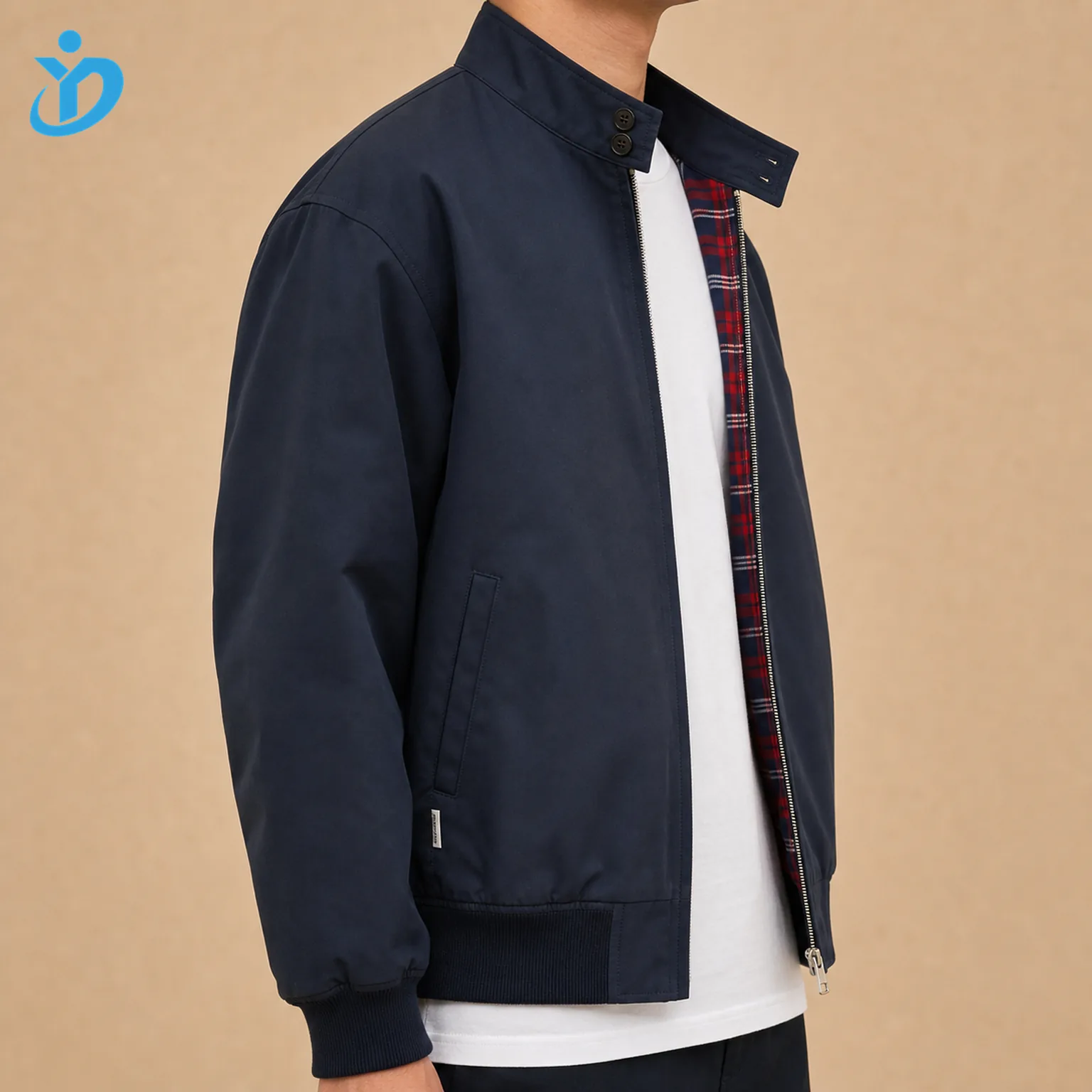 Upper body side view of custom mens Harrington jacket showing dark navy cotton twill shell water resistant finish plaid lining YKK zipper slash pocket woven label ribbed hem and Dongguan Yidi Clothing Co Ltd transparent logo