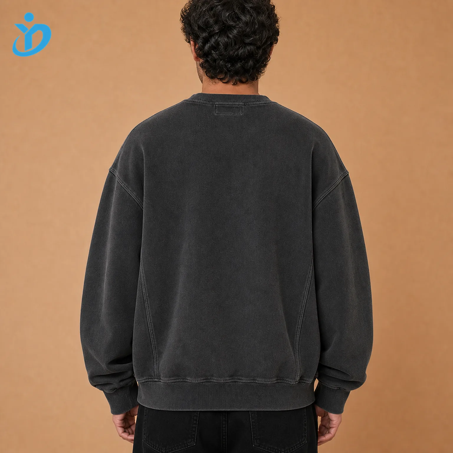 Upper body back view of custom mens heavyweight crewneck sweatshirts showing loose fit rib crewneck collar shoulder tape side rib panels rib cuffs rib hem and Dongguan Yidi Clothing Co Ltd transparent logo