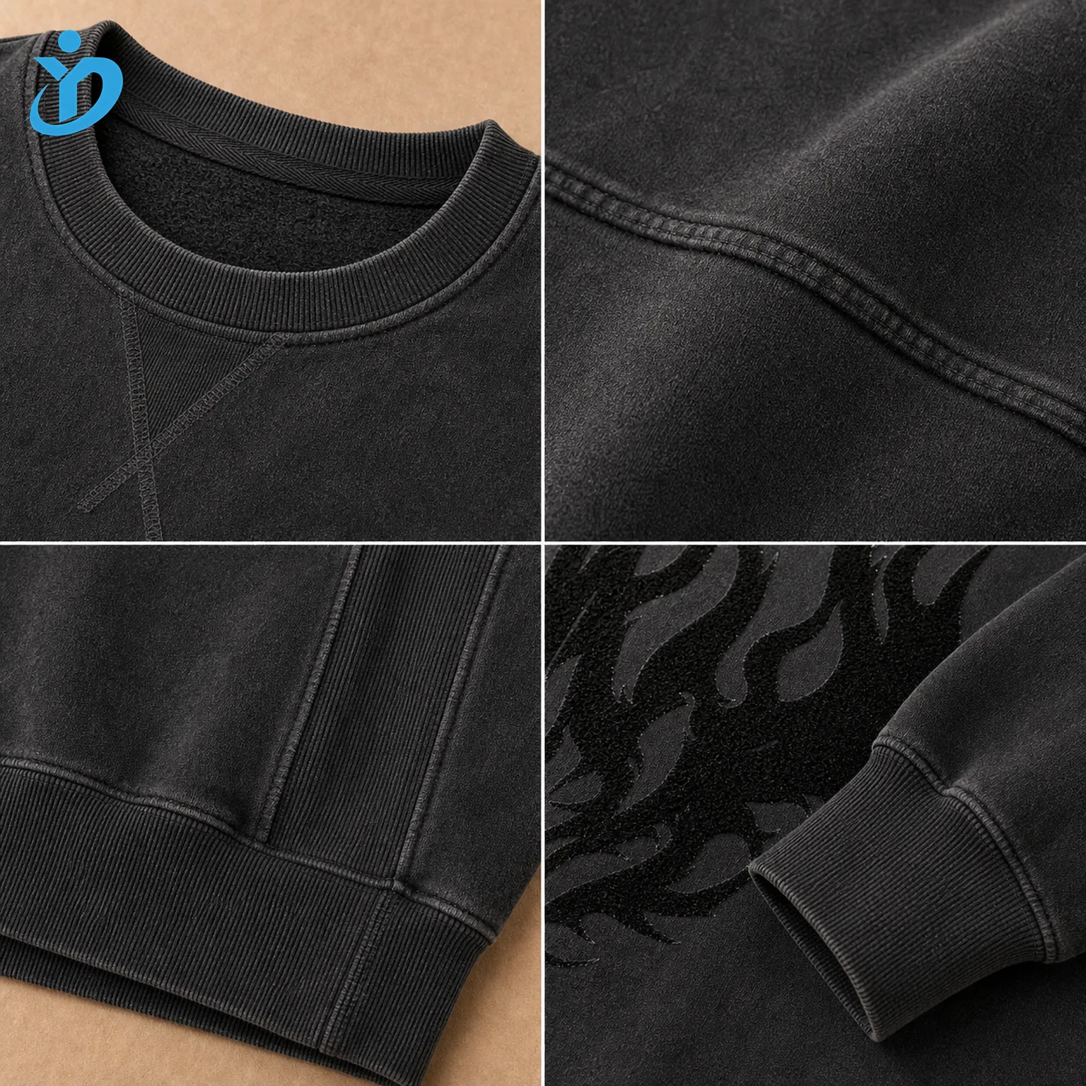Upper body detail grid for custom mens heavyweight crewneck sweatshirts showing rib collar neckline overlock horizontal grain double needle stitching side rib panel rib hem cuff and velvet flock print with Dongguan Yidi Clothing Co Ltd transparent logo