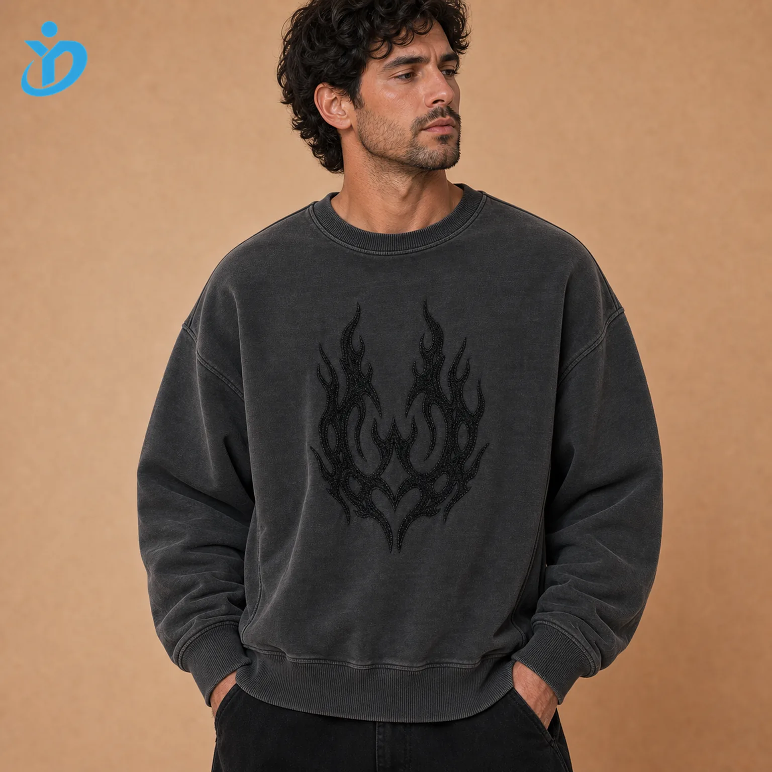 Upper body front view of custom mens heavyweight crewneck sweatshirts in washed charcoal grey with loose fit cross-grain cutting side rib panels rib collar rib cuffs flock print and Dongguan Yidi Clothing Co Ltd transparent logo