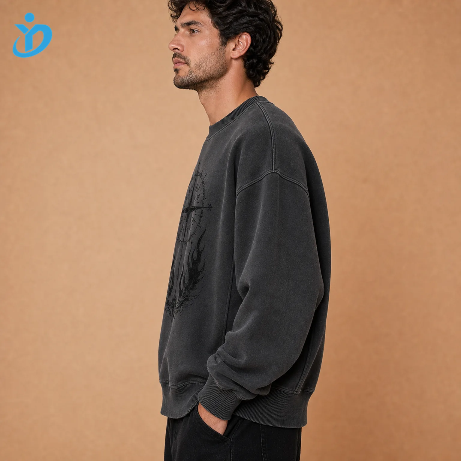 Upper body side view of custom mens heavyweight crewneck sweatshirts showing loose fit horizontal cross-grain fabric side rib panel rib hem cuff shoulder stitching flock print and Dongguan Yidi Clothing Co Ltd transparent logo