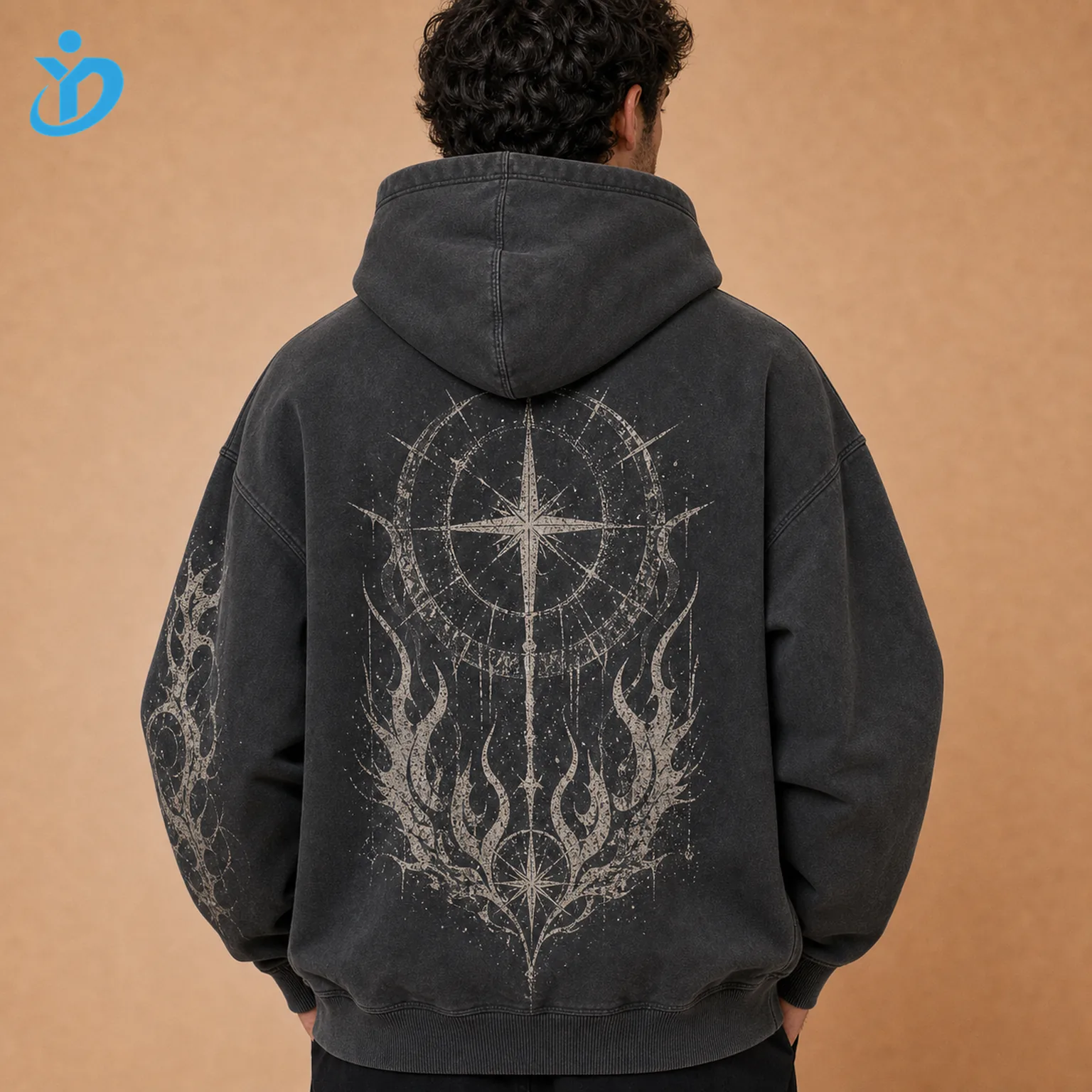 Upper body back view of custom mens heavyweight pullover hoodies showing oversized fit structured hood large back graphic sleeve print and Dongguan Yidi Clothing Co Ltd transparent logo