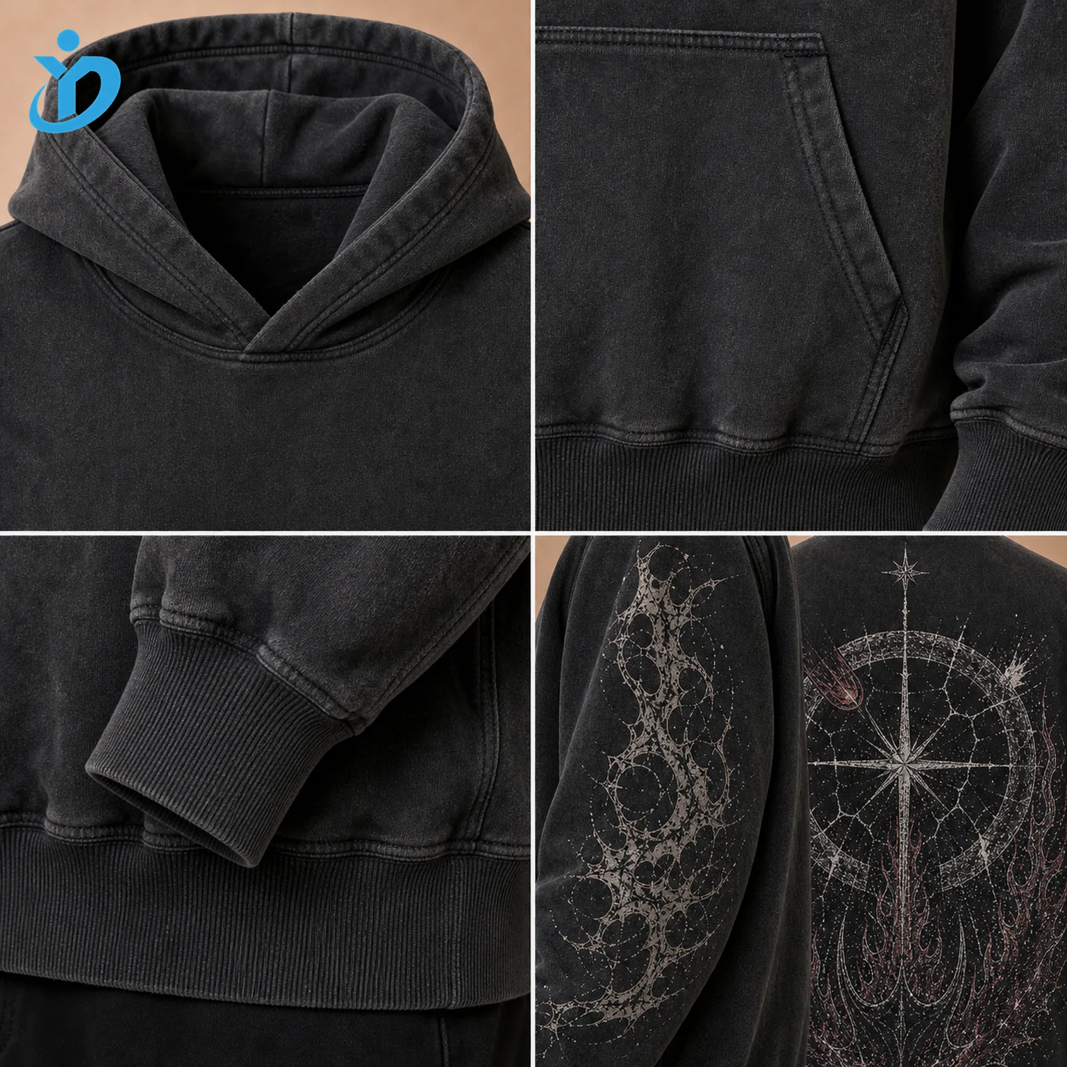 Upper body detail grid for custom mens heavyweight pullover hoodies showing double-layer three-piece hood kangaroo pocket bartack rib cuff rib hem sleeve print large back graphic and Dongguan Yidi Clothing Co Ltd transparent logo