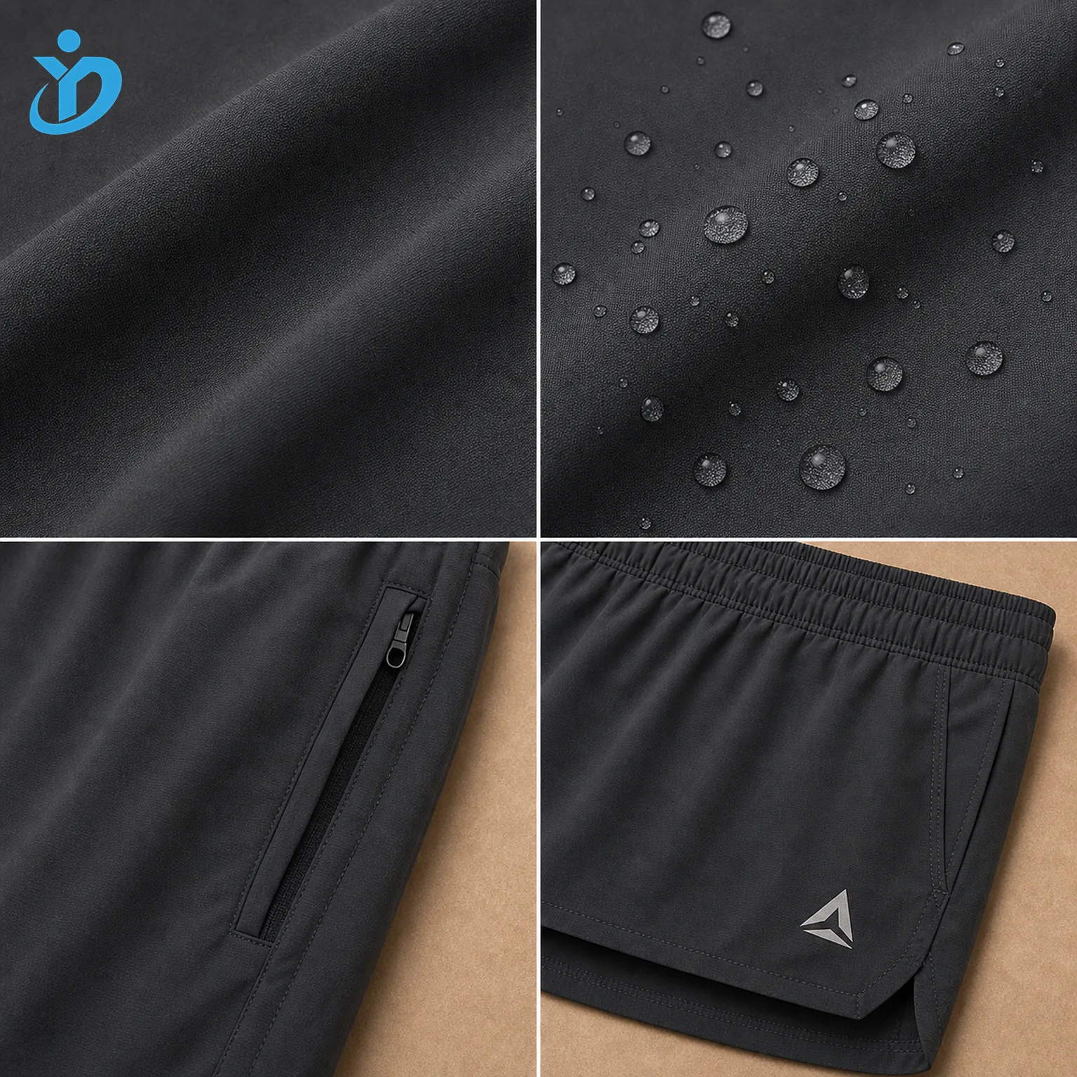 Detail grid for custom mens hybrid shorts showing 4-way stretch woven fabric water resistant droplets hidden zip pocket elastic waistband quick dry lightweight fabric and Dongguan Yidi Clothing Co Ltd transparent logo