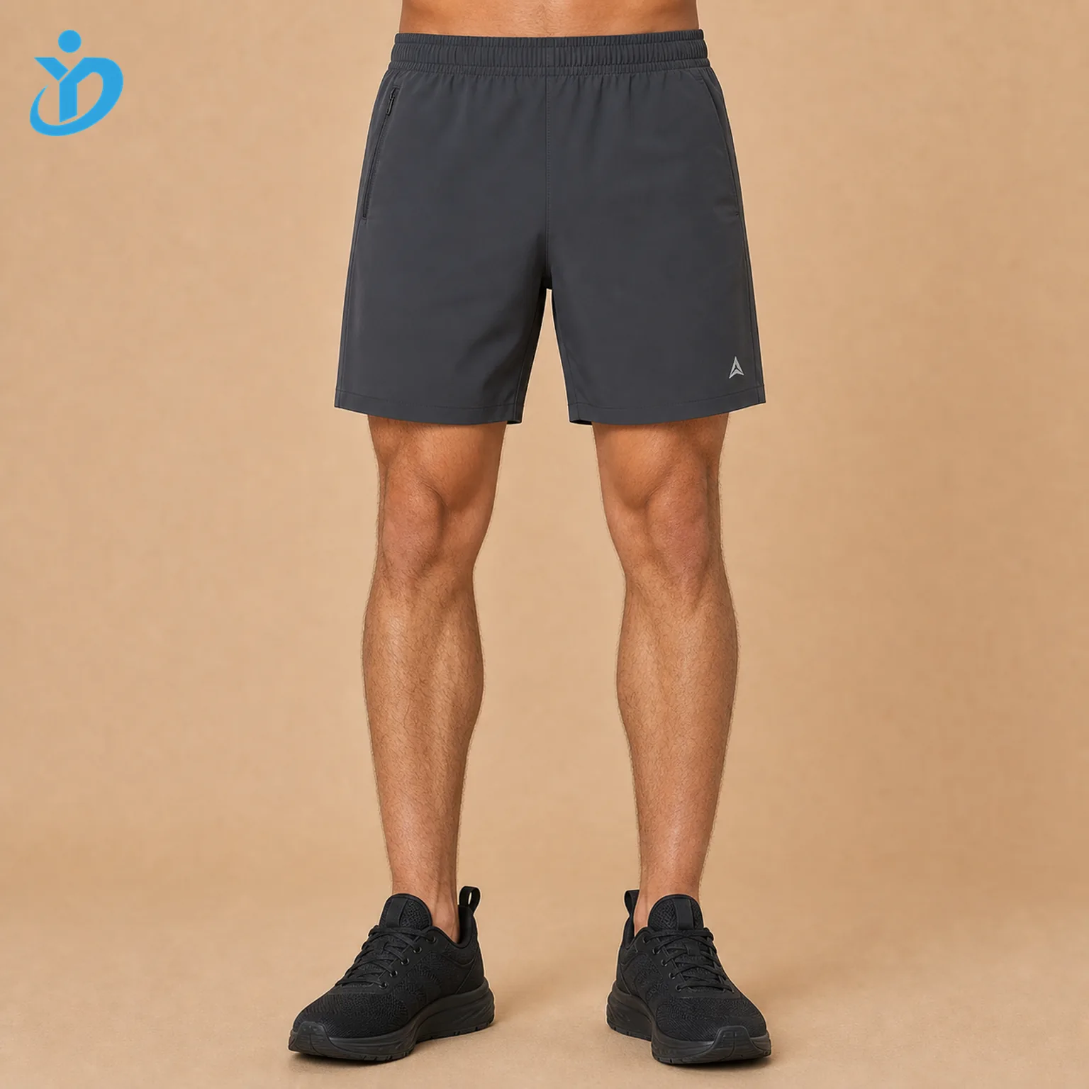 Lower body front view of custom mens hybrid shorts in deep graphite grey lightweight 4-way stretch quick dry fabric with elastic waist hidden zip pocket reflective logo and Dongguan Yidi Clothing Co Ltd transparent logo