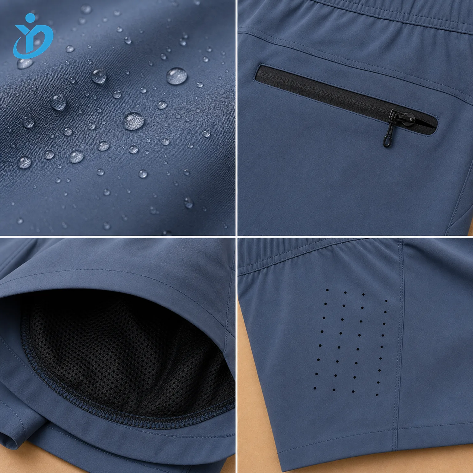 Detail grid for custom mens hybrid swim shorts showing DWR water droplets hidden YKK zipper pocket black mesh lining laser ventilation holes four way stretch fabric and Dongguan Yidi Clothing Co Ltd transparent logo