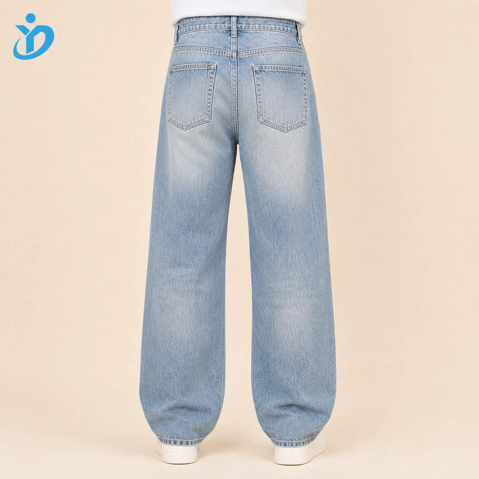 Custom mens light wash baggy jeans back view lower body model with back pockets wide relaxed baggy fit and Dongguan Yidi Clothing Co Ltd transparent logo