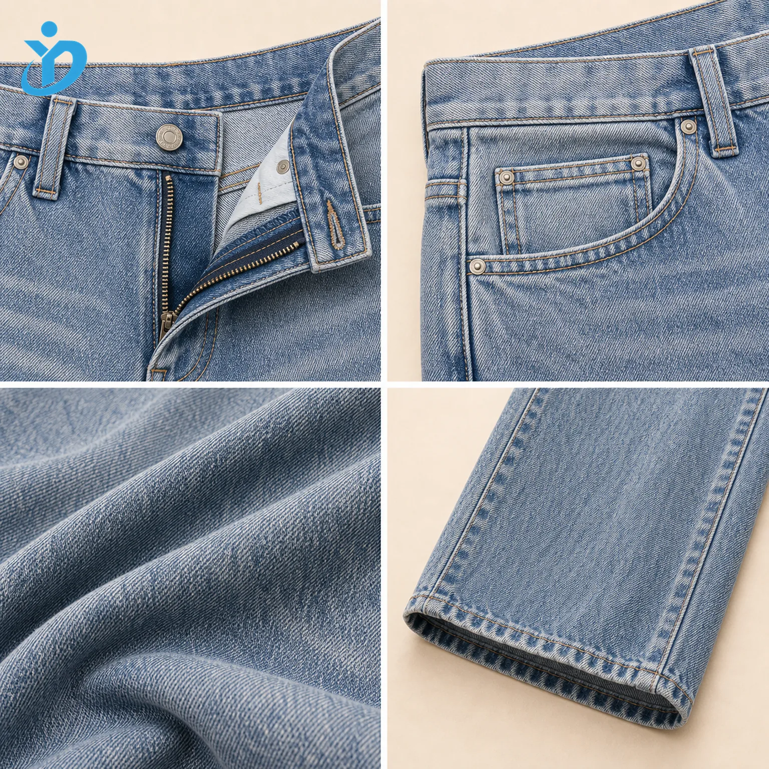Custom mens light wash baggy jeans detail grid showing waistband zipper fly coin pocket light blue denim fabric wide hem stitching and Dongguan Yidi Clothing Co Ltd transparent logo