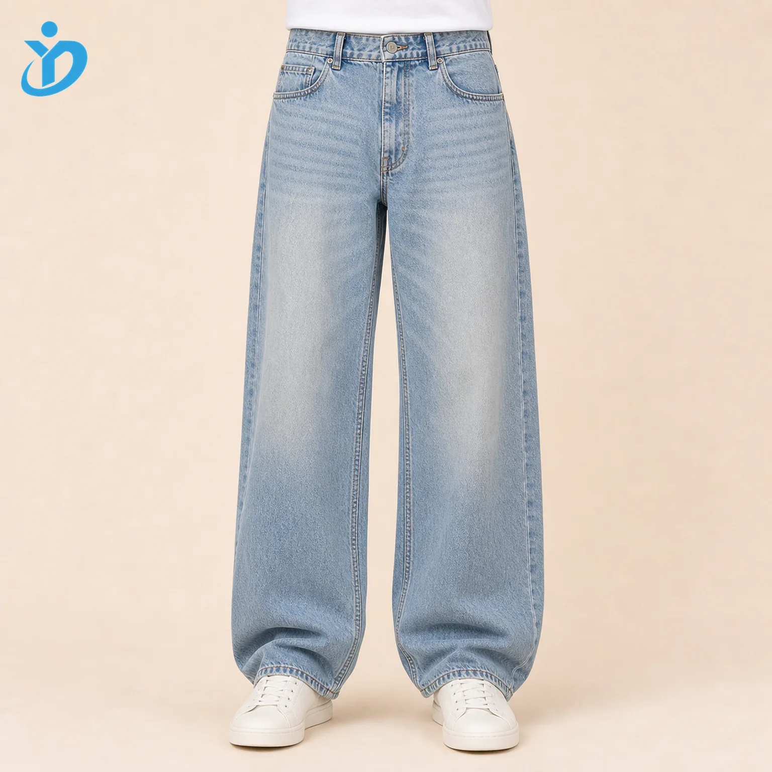 Custom mens light wash baggy jeans front view lower body model with wide loose leg and Dongguan Yidi Clothing Co Ltd transparent logo