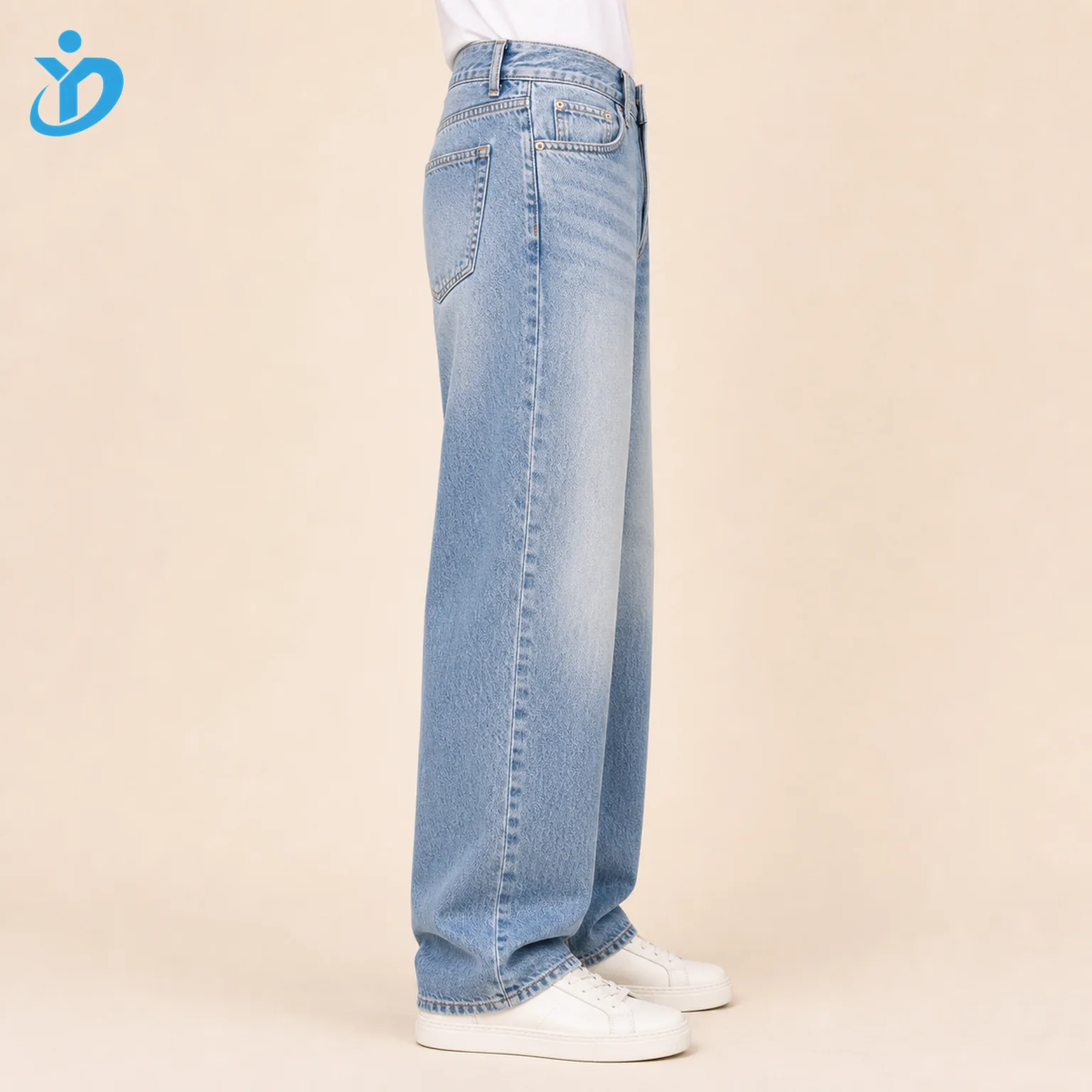 Custom mens light wash baggy jeans side view lower body model for OEM ODM denim jeans manufacturing with Dongguan Yidi Clothing Co Ltd transparent logo