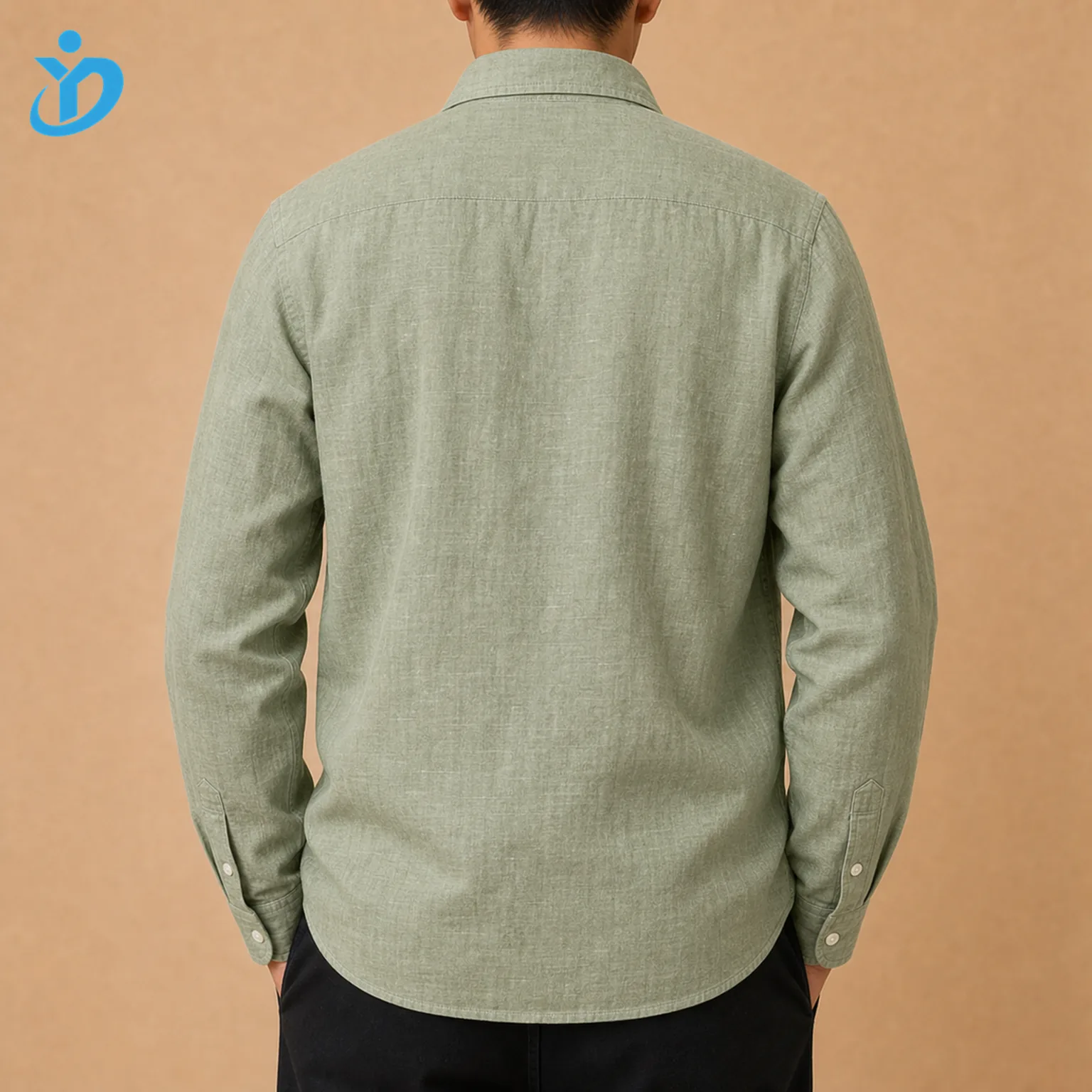 Upper body back view of custom mens linen long sleeve shirt with sage green garment dyed linen cotton blend natural slub texture relaxed drape pre shrunk enzyme soft wash and Dongguan Yidi Clothing Co Ltd transparent logo
