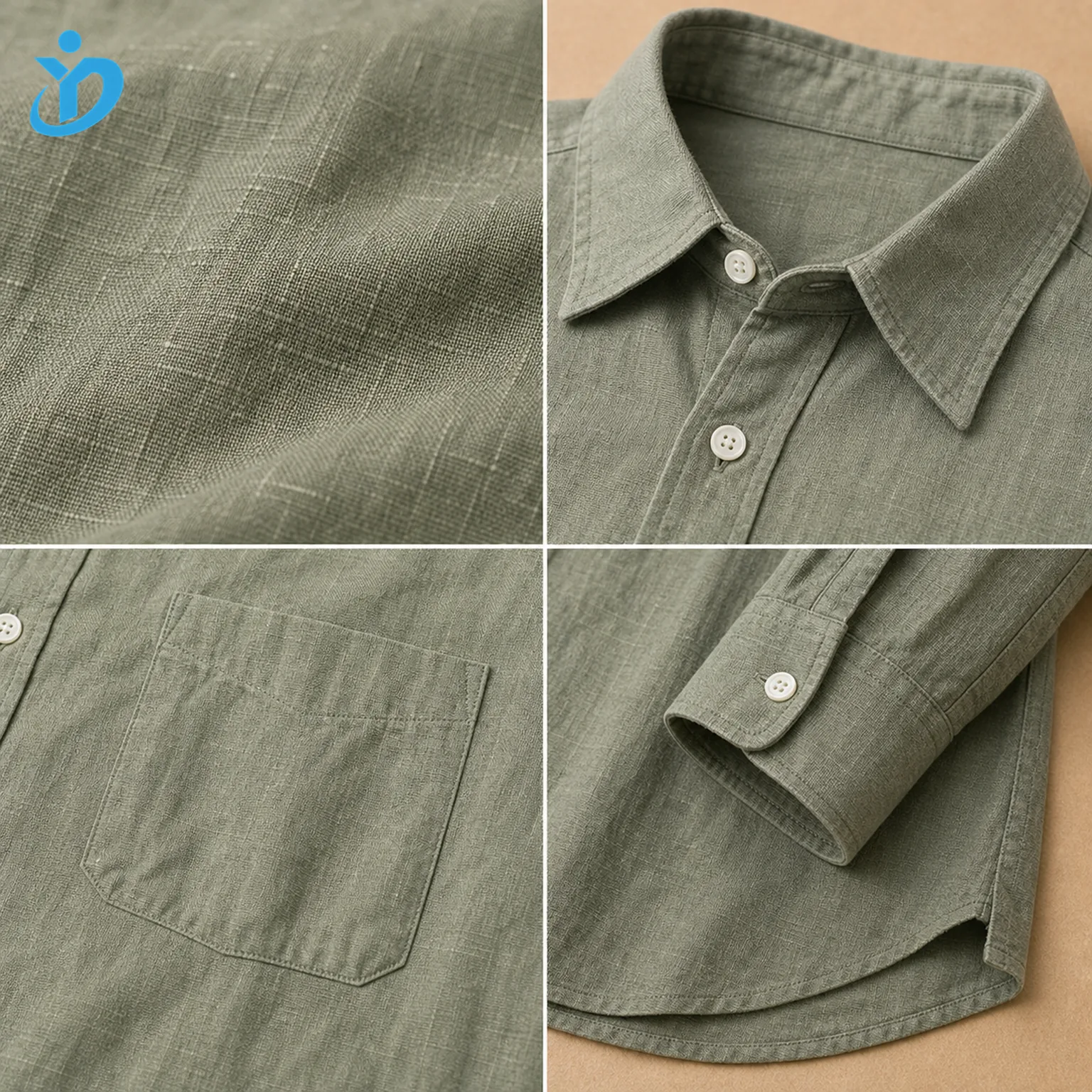 Detail grid for custom mens linen long sleeve shirt showing natural slub texture garment dyed sage green linen standard collar white buttons chest pocket sleeve cuff curved hem and Dongguan Yidi Clothing Co Ltd transparent logo