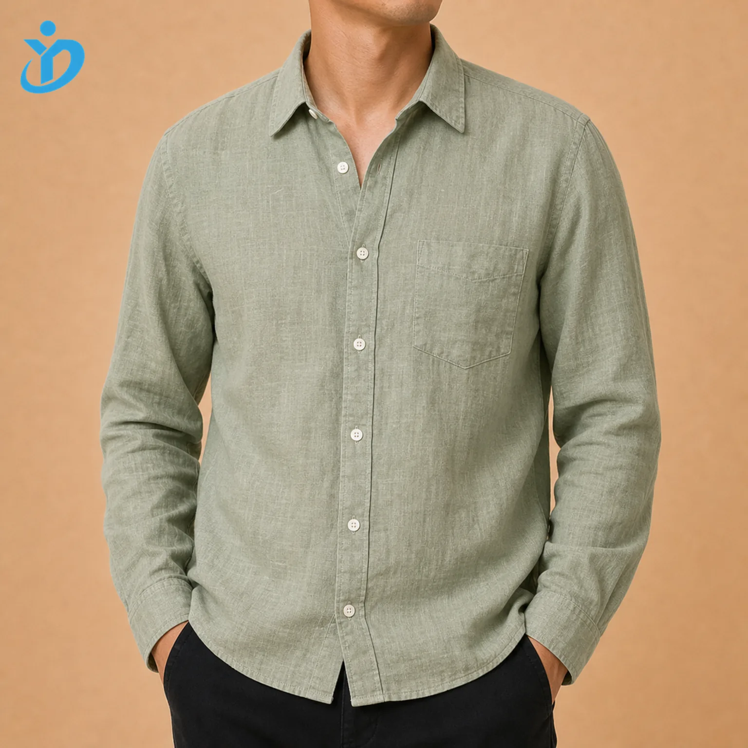 Upper body front view of custom mens linen long sleeve shirt with sage green garment dyed 100 percent linen or cotton linen blend natural slub texture enzyme soft wash pre shrunk finish and Dongguan Yidi Clothing Co Ltd transparent logo