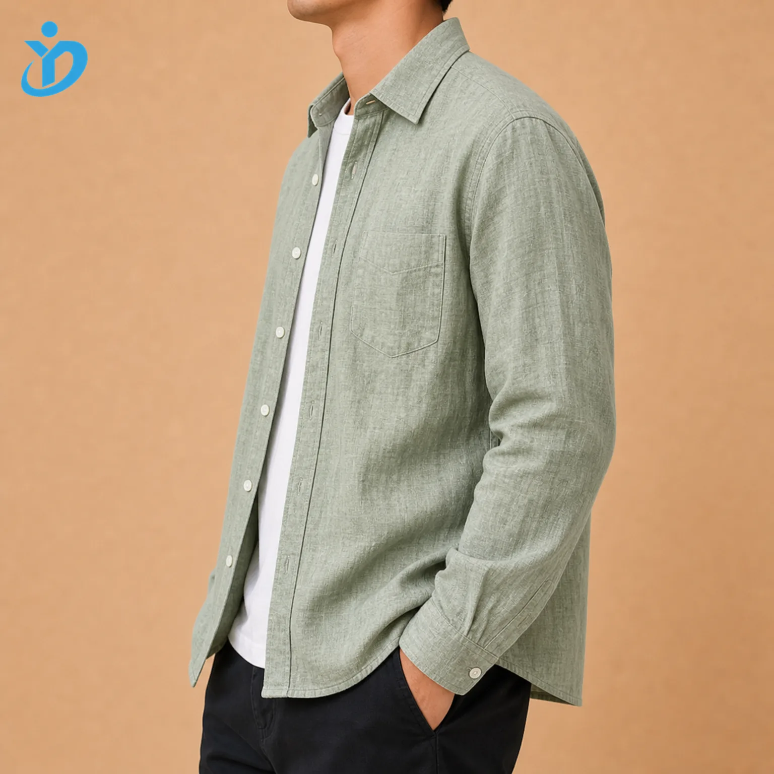 Upper body side view of custom mens linen long sleeve shirt showing garment dyed sage green linen cotton blend natural slub texture standard collar enzyme soft wash pre shrunk finish and Dongguan Yidi Clothing Co Ltd transparent logo