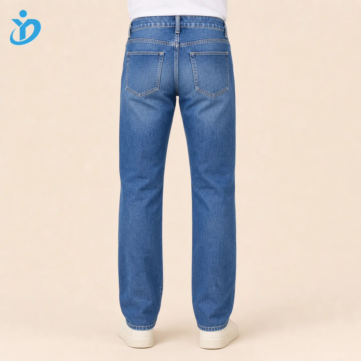 Custom mens medium blue straight leg jeans back view lower body model with back pockets straight leg fit and Dongguan Yidi Clothing Co Ltd transparent logo
