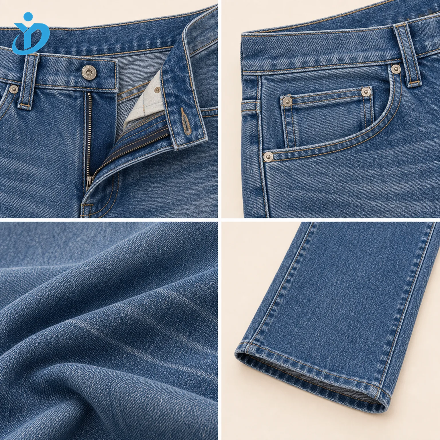 Custom mens medium blue straight leg jeans detail grid showing waistband zipper fly coin pocket denim fabric hem stitching and Dongguan Yidi Clothing Co Ltd transparent logo