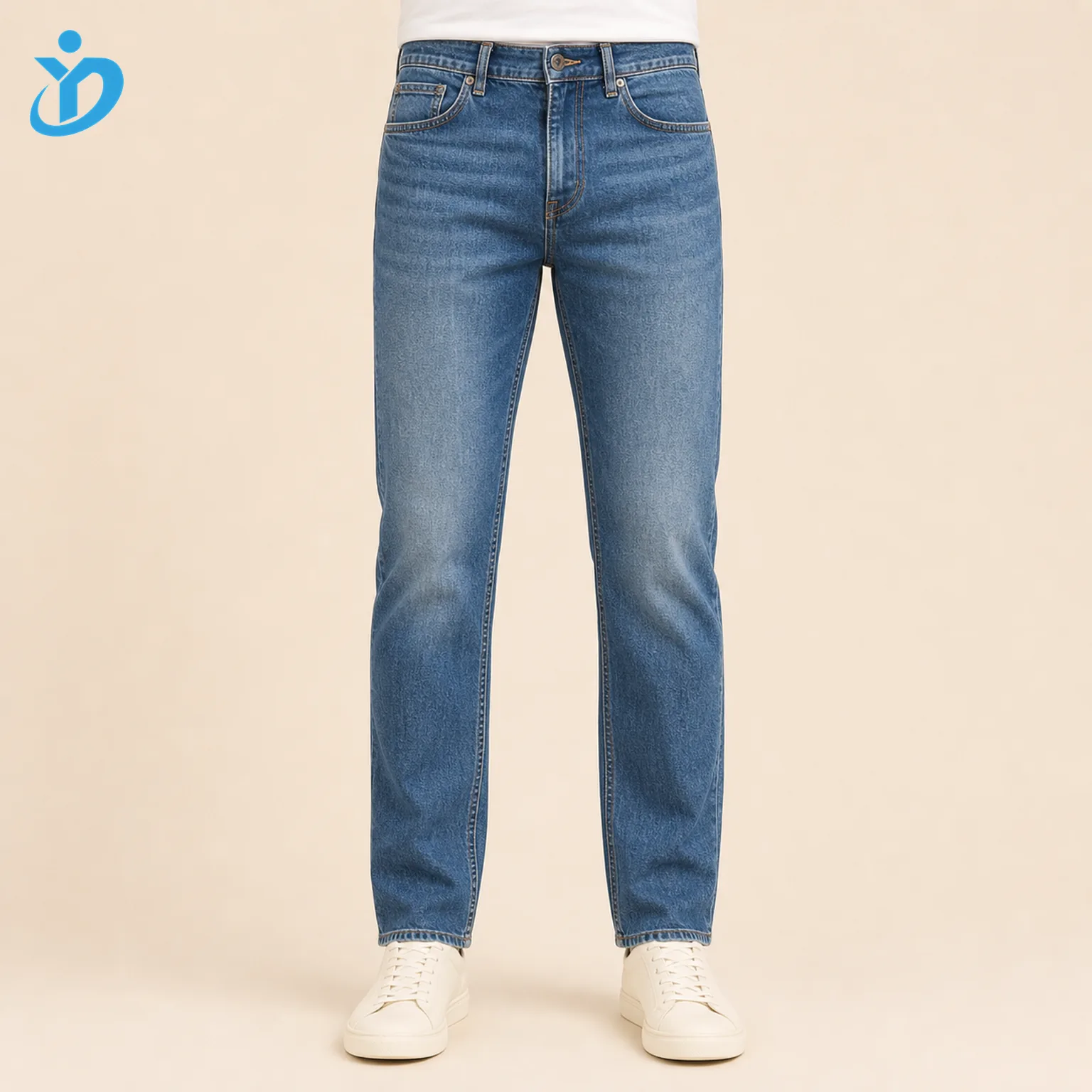 Custom mens medium blue straight leg jeans front view lower body model with clean five pocket construction and Dongguan Yidi Clothing Co Ltd transparent logo
