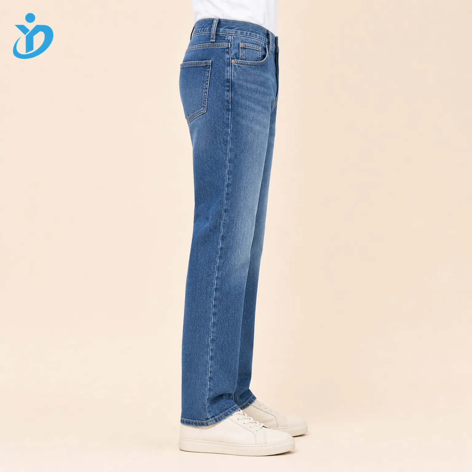 Custom mens medium blue straight leg jeans side view lower body model for OEM ODM denim jeans manufacturing with Dongguan Yidi Clothing Co Ltd transparent logo