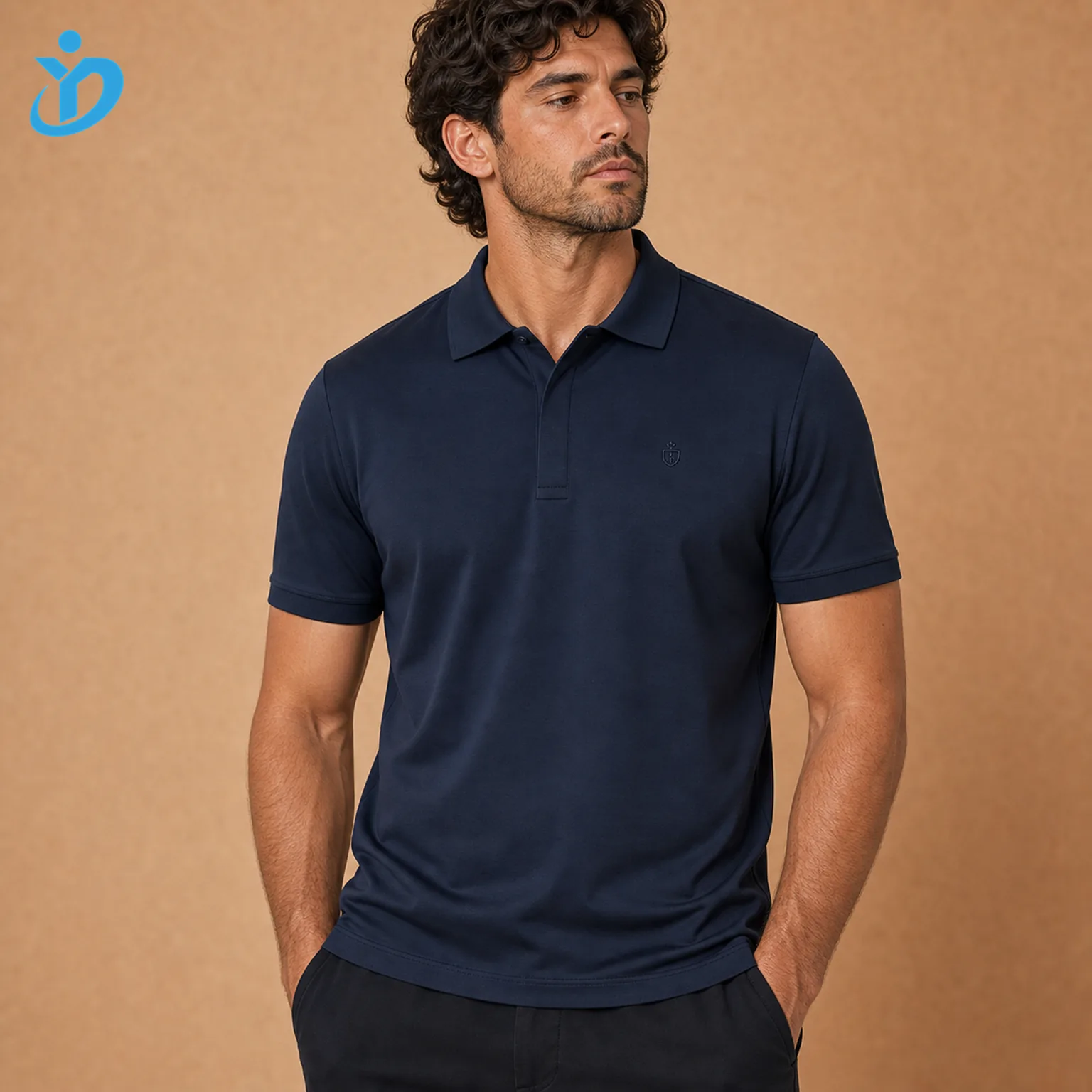 Upper body front view of custom mens mercerized cotton polo shirts in deep navy fine pique fabric with slim fit refined rib collar hidden placket straight hem side slit tonal embroidery and Dongguan Yidi Clothing Co Ltd transparent logo