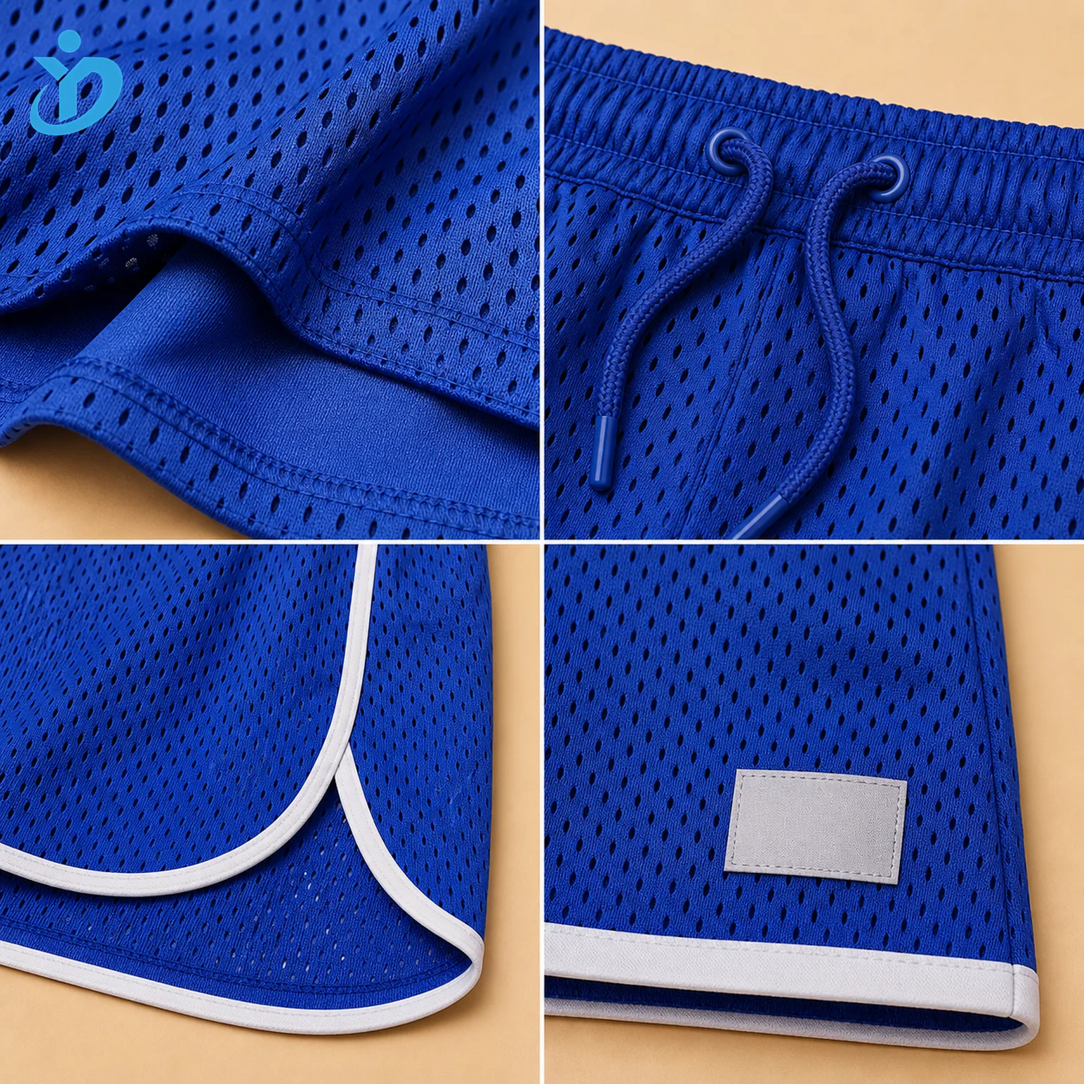 Detail views of custom men's mesh shorts