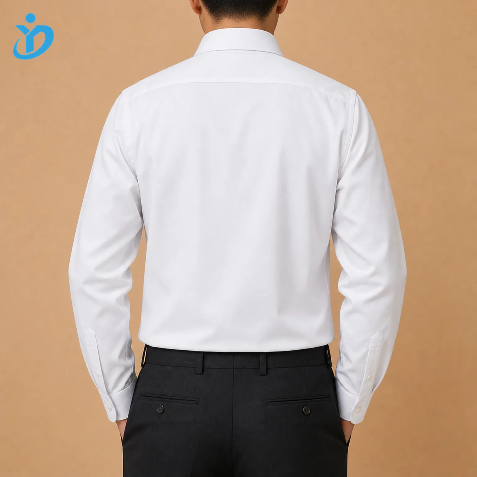 Upper body back view of custom mens non iron dress shirt with white fine twill fabric easy care finish fused collar cuffs smooth wrinkle resistant back panel and Dongguan Yidi Clothing Co Ltd transparent logo