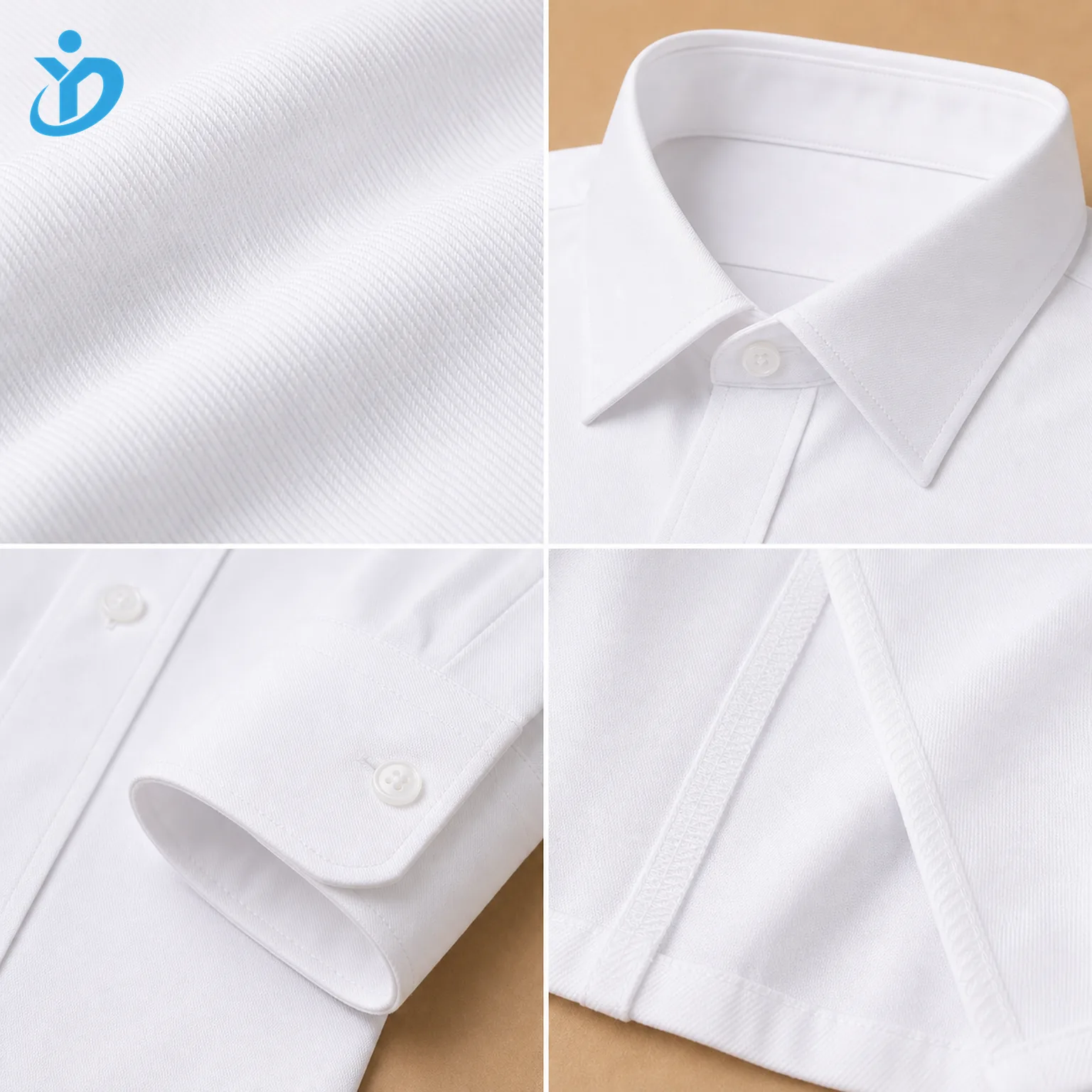 Detail grid for custom mens non iron dress shirt showing fine twill fabric fused collar fused cuff white buttons precise overlock seam and Dongguan Yidi Clothing Co Ltd transparent logo