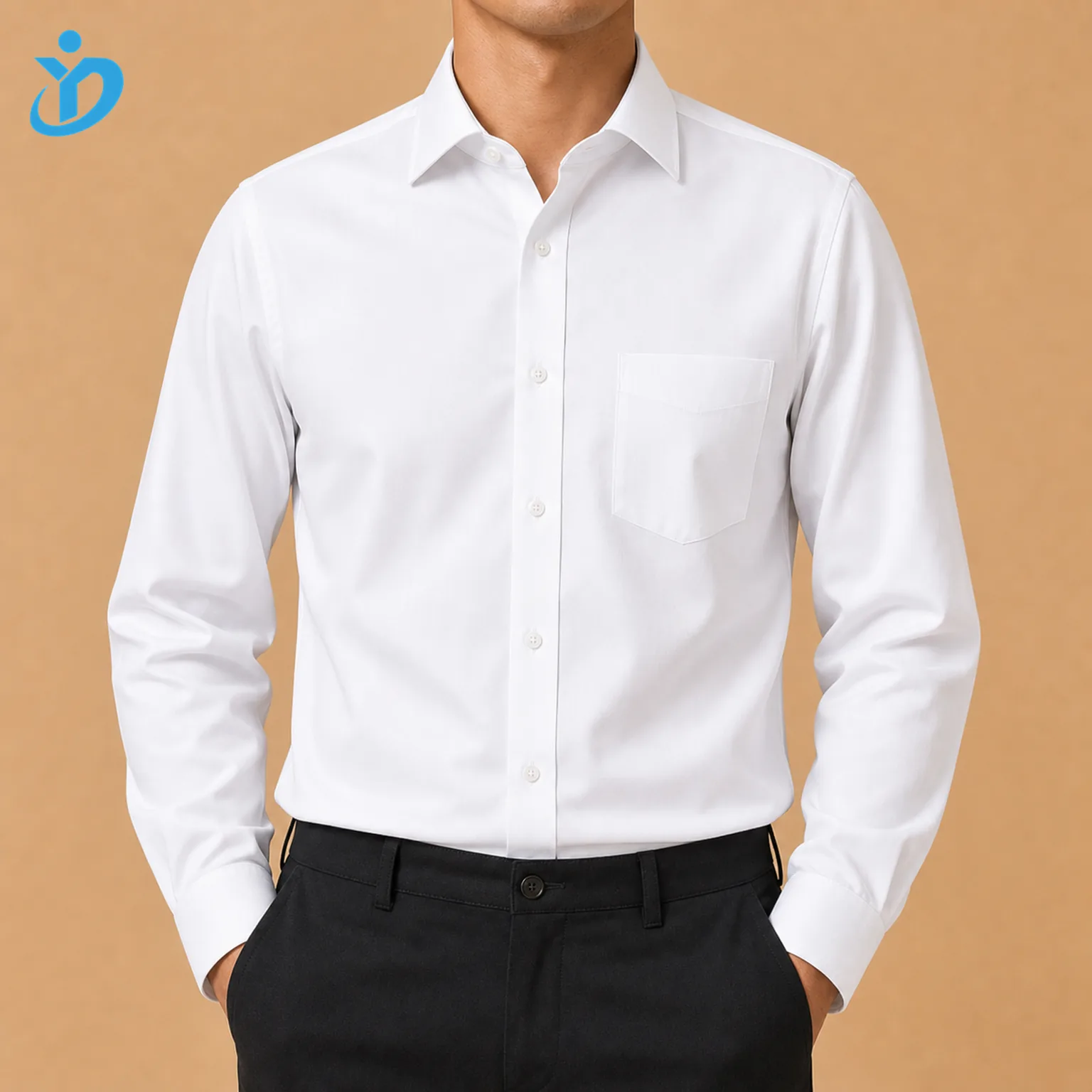 Upper body front view of custom mens non iron dress shirt with white fine twill fabric easy care finish fused collar fused cuffs precise overlock seams and Dongguan Yidi Clothing Co Ltd transparent logo