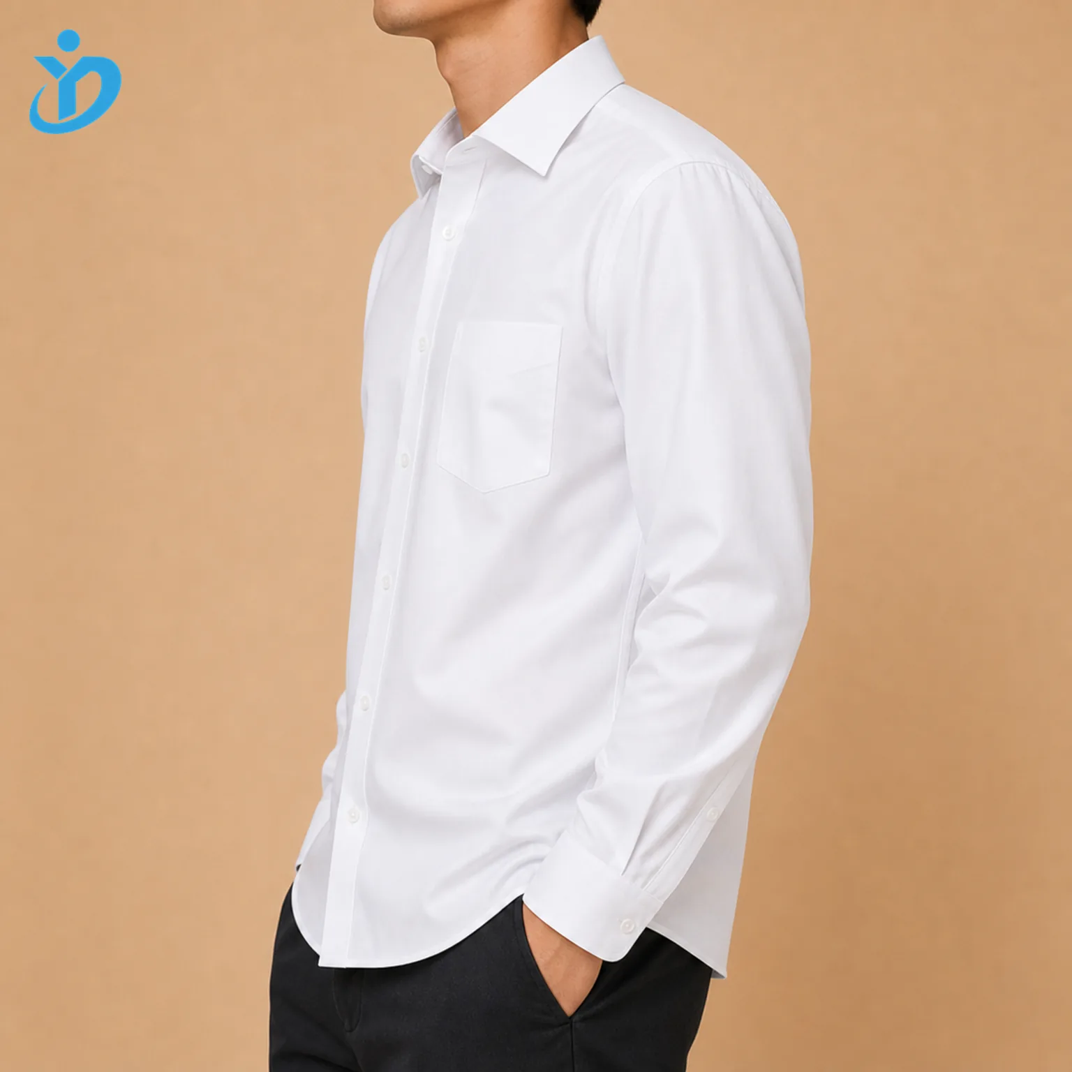 Upper body side view of custom mens non iron dress shirt showing white twill fabric wrinkle resistant easy care finish fused collar cuff clean placket fine overlock seams and Dongguan Yidi Clothing Co Ltd transparent logo