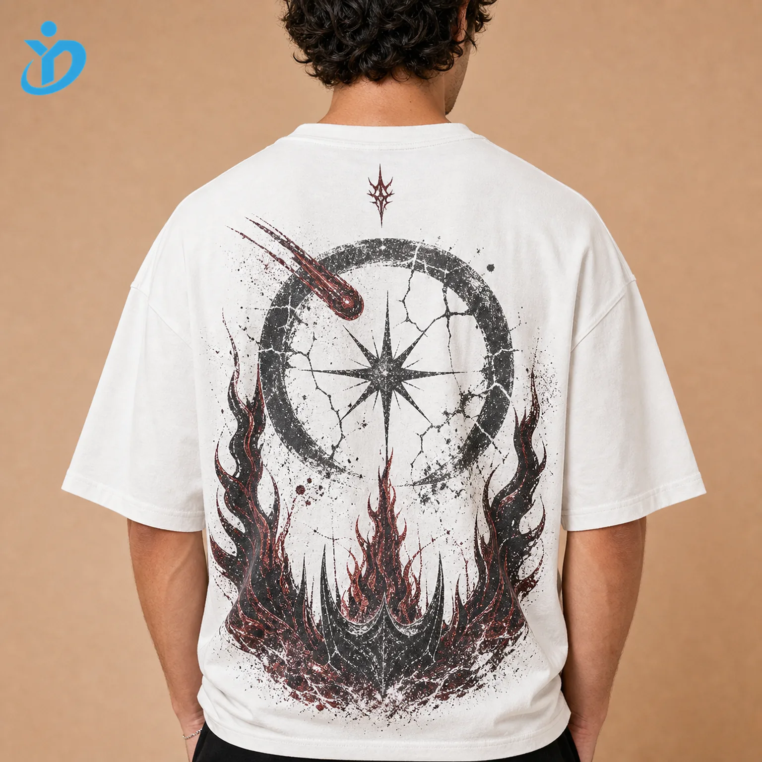 Upper body back view of custom mens oversized graphic T-shirts showing large back dark celestial flame screen print on white cotton jersey and Dongguan Yidi Clothing Co Ltd transparent logo