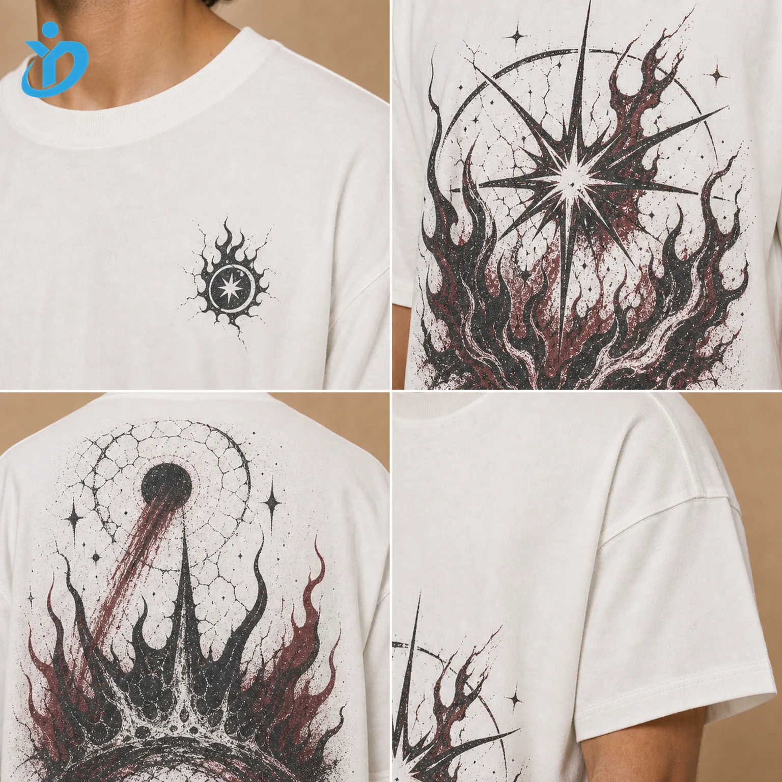 Upper body detail grid for custom mens oversized graphic T-shirts showing small chest mark large front graphic large back graphic screen print ink white cotton jersey and Dongguan Yidi Clothing Co Ltd transparent logo