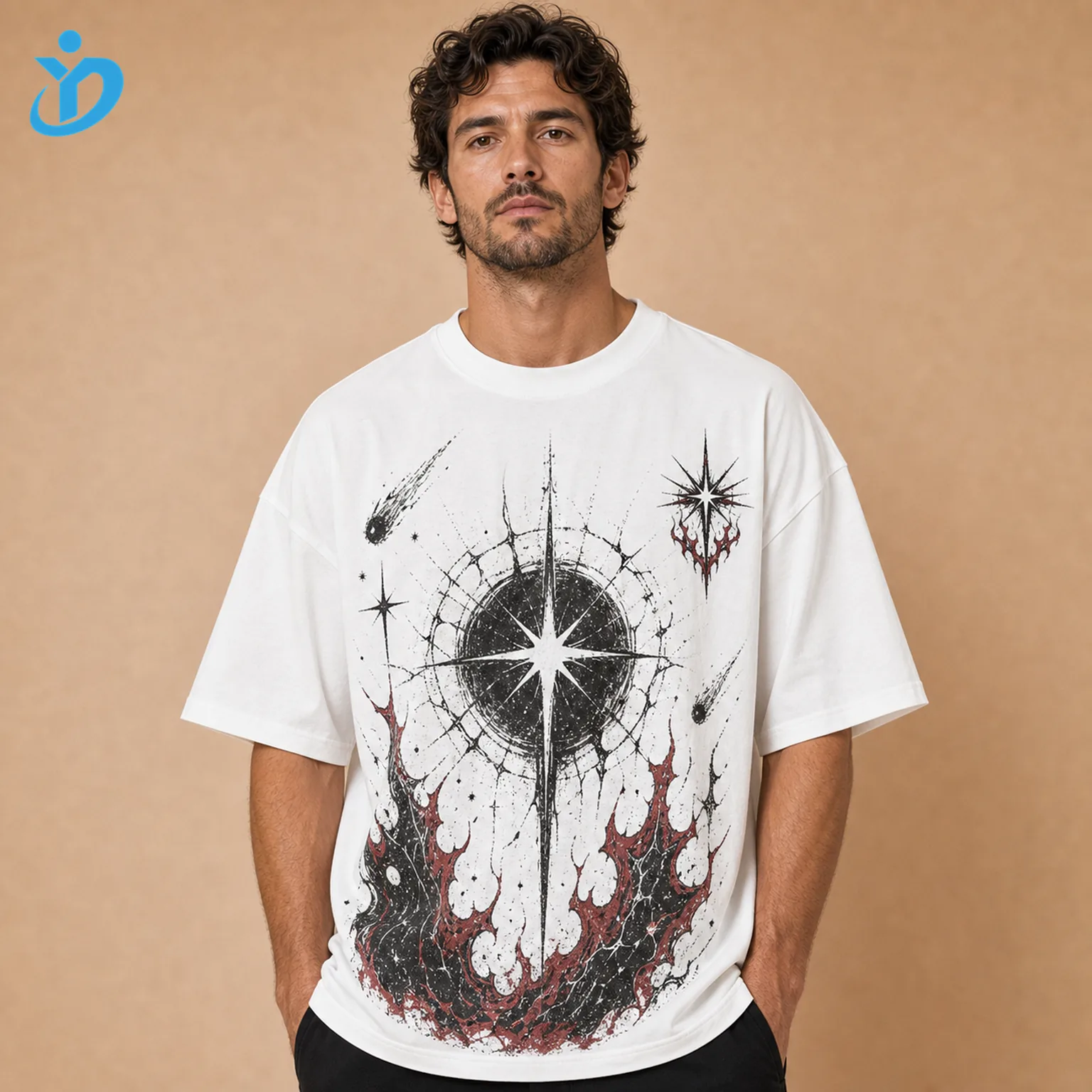 Upper body front view of custom mens oversized graphic T-shirts in white with small chest mark large front dark celestial flame screen print and Dongguan Yidi Clothing Co Ltd transparent logo