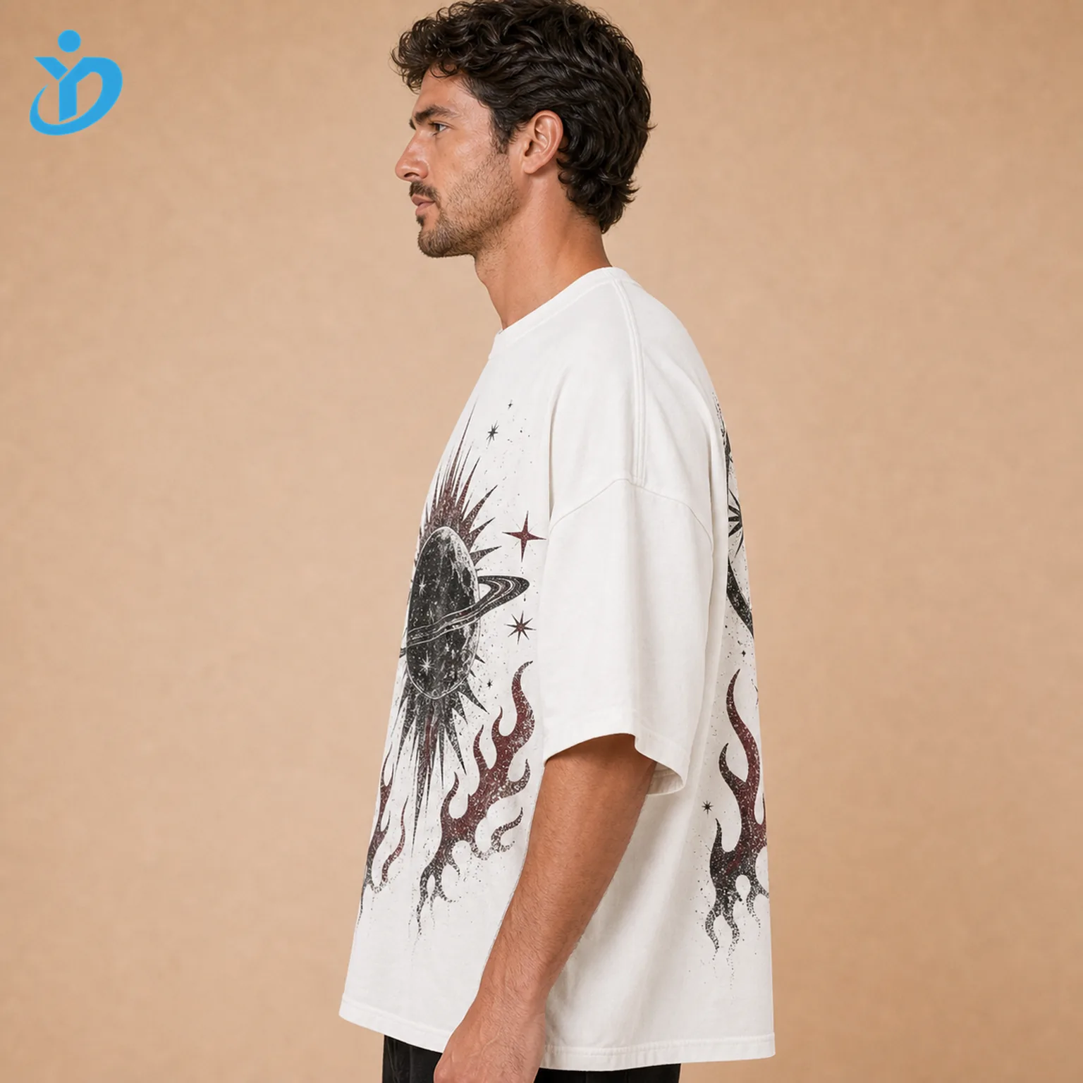 Upper body side view of custom mens oversized graphic T-shirts showing white boxy fit front and back combination dark celestial flame screen print and Dongguan Yidi Clothing Co Ltd transparent logo