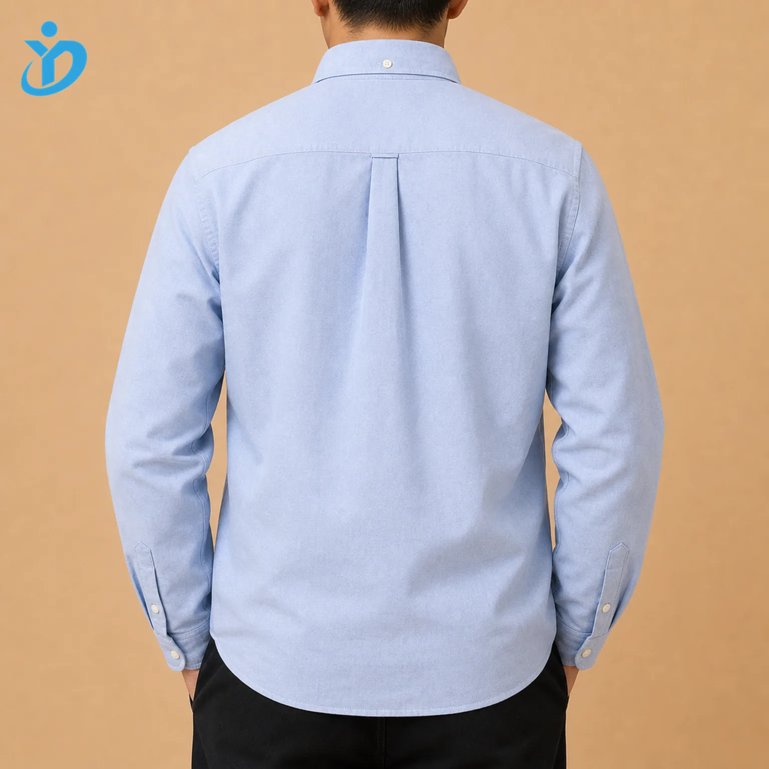 Upper body back view of custom mens Oxford button down shirt with 100 percent cotton Oxford cloth button down collar back yoke center box pleat enzyme washed finish and Dongguan Yidi Clothing Co Ltd transparent logo
