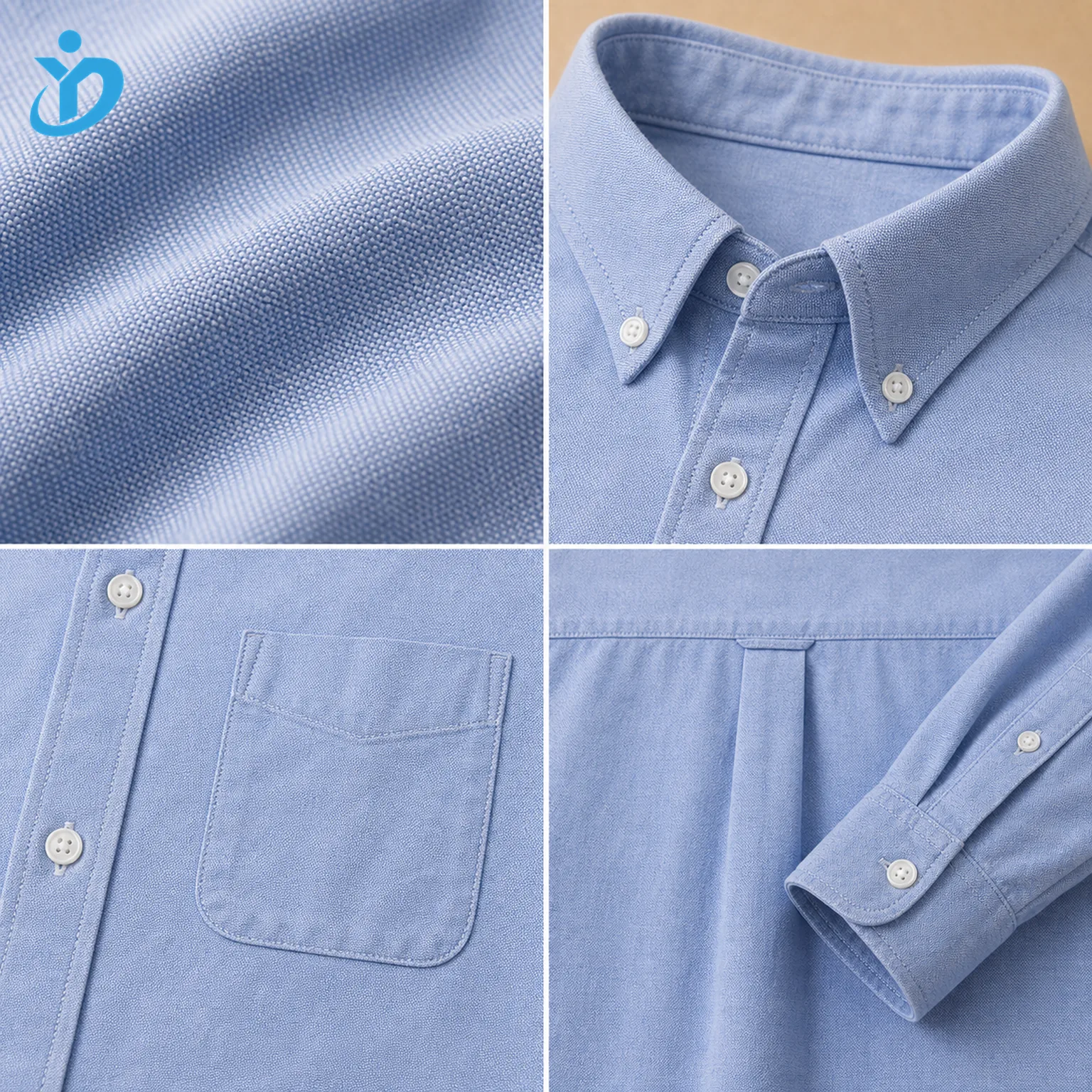 Detail grid for custom mens Oxford button down shirt showing cotton Oxford basketweave fabric button down collar front placket chest pocket back box pleat cuff and Dongguan Yidi Clothing Co Ltd transparent logo