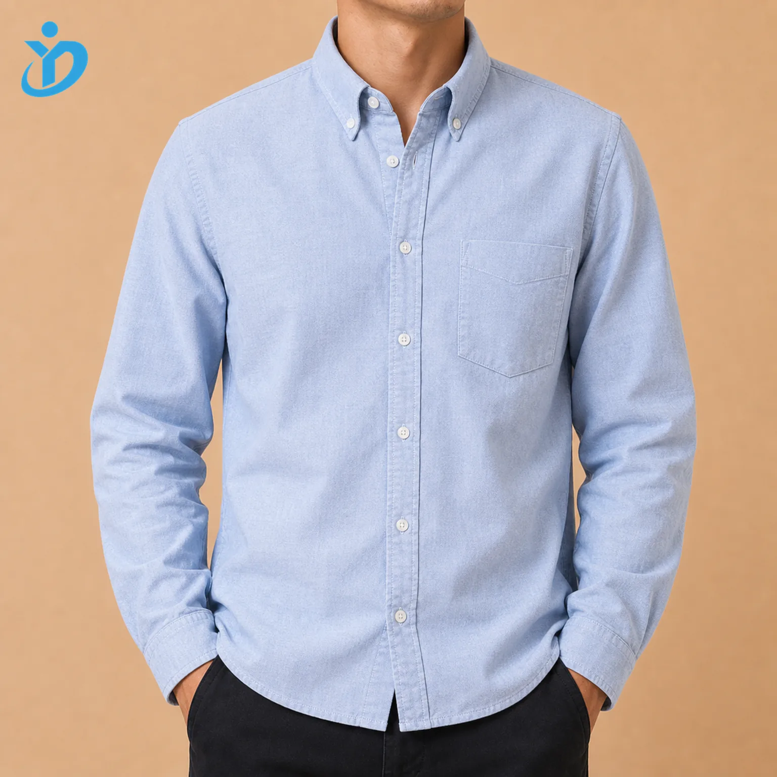 Upper body front view of custom mens light blue Oxford button down shirt with 100 percent cotton Oxford cloth button down collar chest pocket enzyme washed finish and Dongguan Yidi Clothing Co Ltd transparent logo