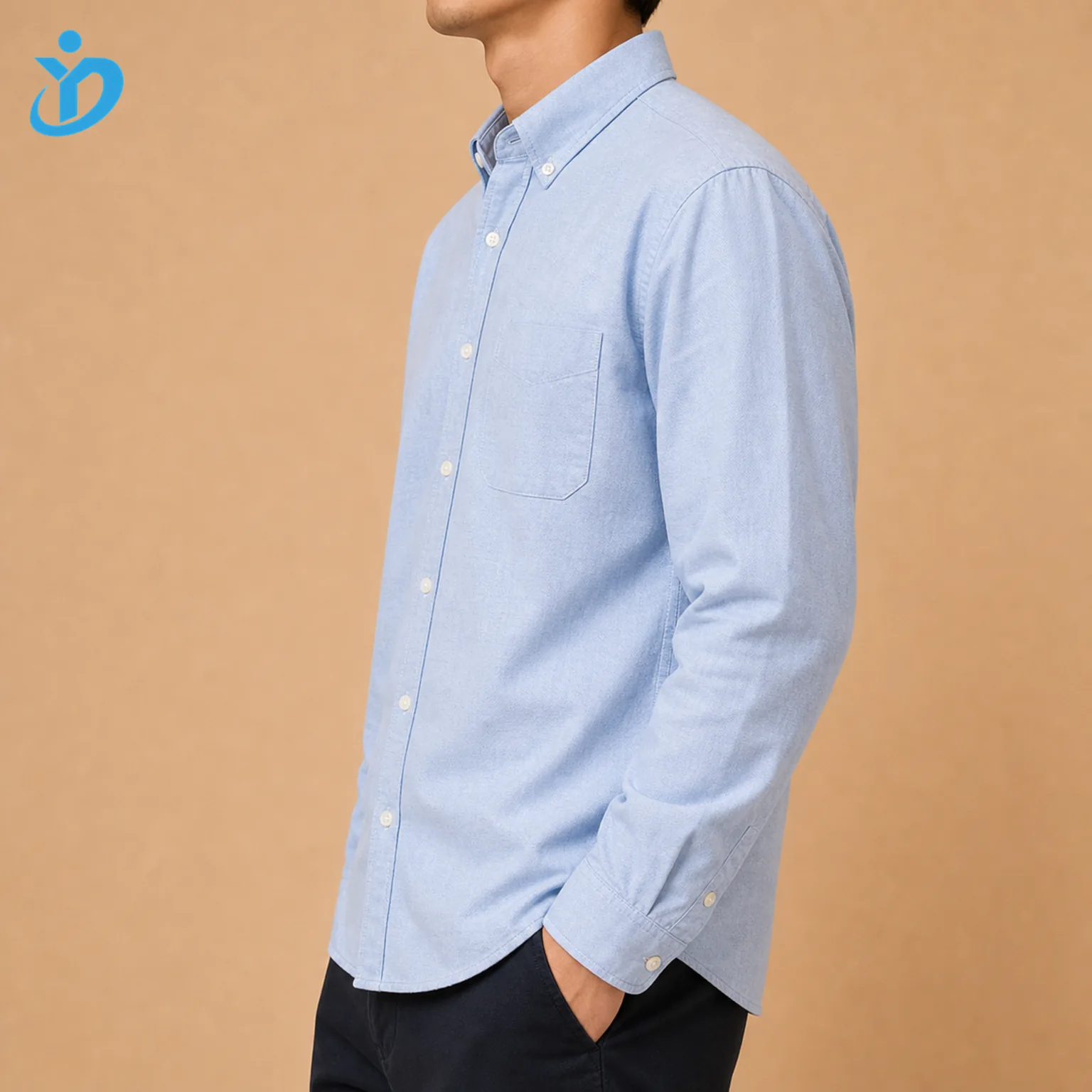 Upper body side view of custom mens Oxford button down shirt showing 100 percent cotton Oxford cloth basketweave texture button down collar chest pocket enzyme washed soft finish and Dongguan Yidi Clothing Co Ltd transparent logo