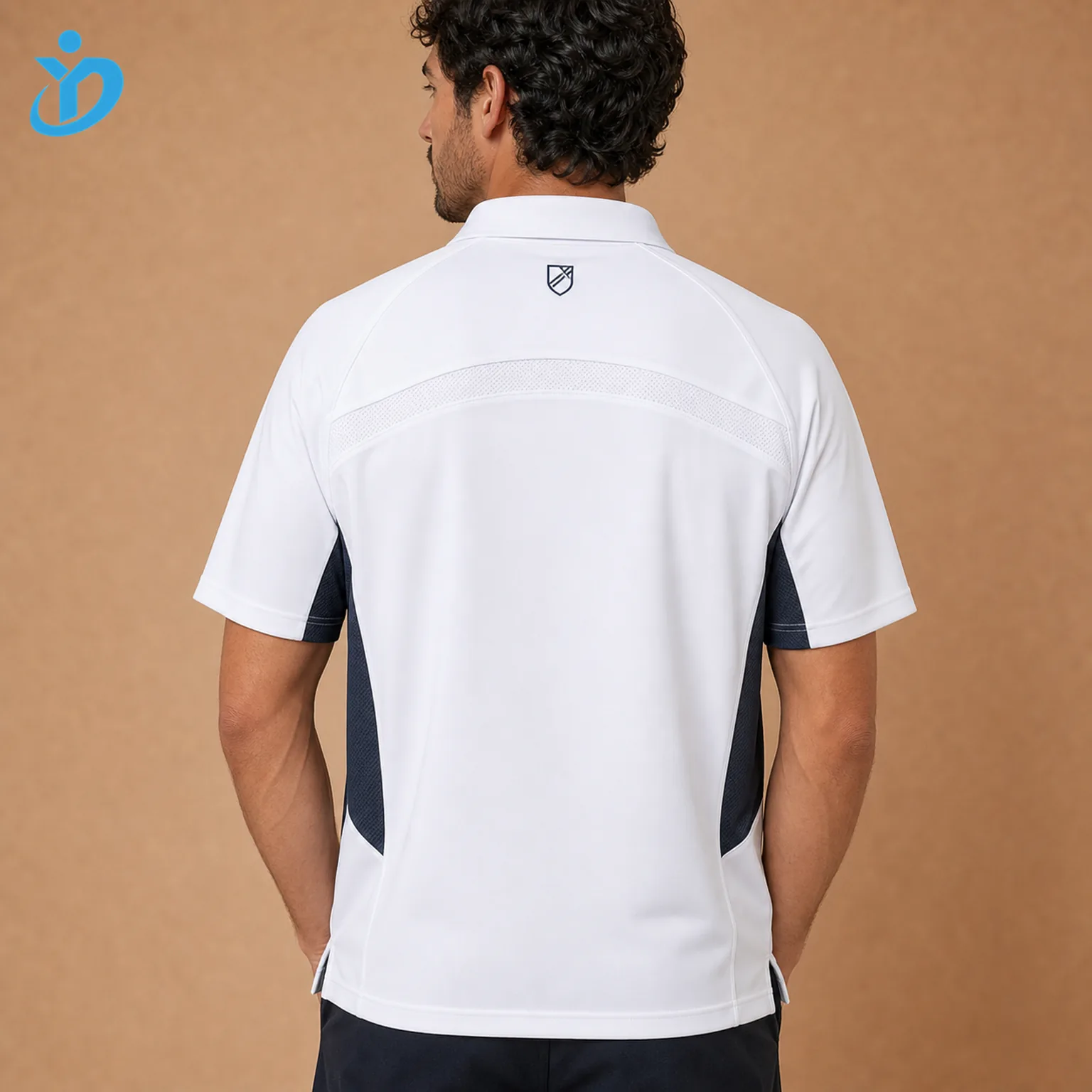 Upper body back view of custom mens performance golf polo shirts showing back ventilation panel raglan sleeves navy side mesh panels back neck logo and Dongguan Yidi Clothing Co Ltd transparent logo