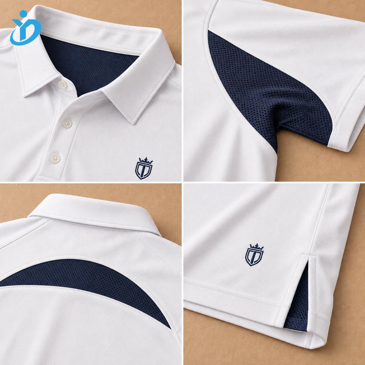 Upper body detail grid for custom mens performance golf polo shirts showing blade collar underarm mesh panel back ventilation panel side slit and custom golf club team corporate logo placement with Dongguan Yidi Clothing Co Ltd transparent logo