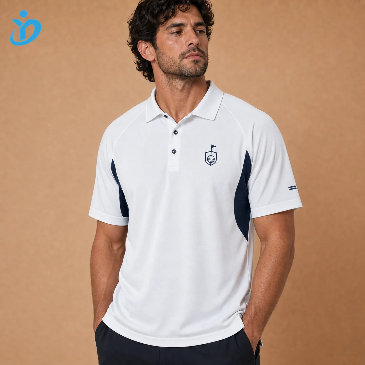 Upper body front view of custom mens performance golf polo shirts in white technical pique with blade collar raglan sleeves navy underarm mesh panels custom crest logo side slit and Dongguan Yidi Clothing Co Ltd transparent logo