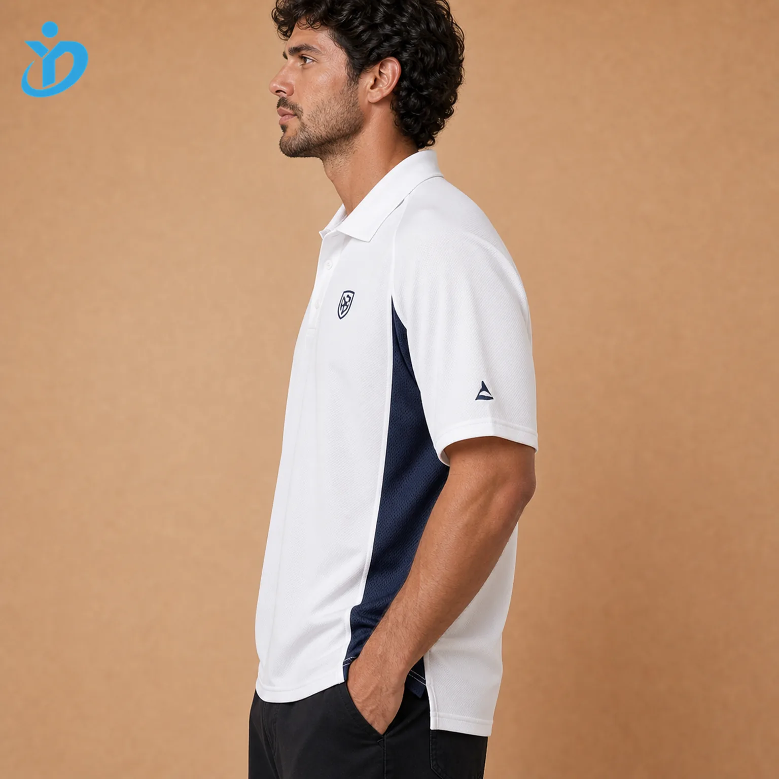 Upper body side view of custom mens performance golf polo shirts showing blade collar raglan sleeve navy underarm mesh panel side slit small sleeve logo and Dongguan Yidi Clothing Co Ltd transparent logo