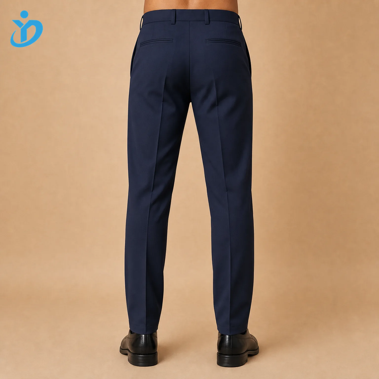 Lower body back view of custom mens deep navy pleated trousers showing back welt pockets tailored waistband pressed crease tapered leg stretch suiting fabric and Dongguan Yidi Clothing Co Ltd transparent logo