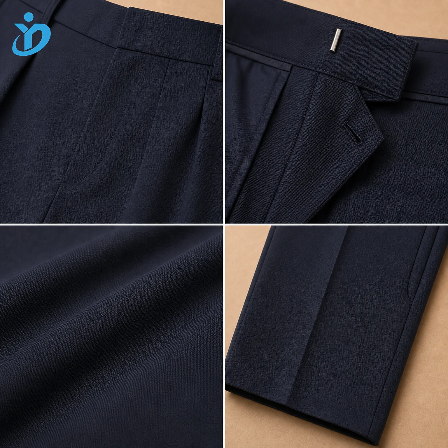 Detail grid for custom mens pleated trousers showing double pleat front hidden hook closure stretch suiting fabric pressed crease tapered leg side pocket seam and Dongguan Yidi Clothing Co Ltd transparent logo